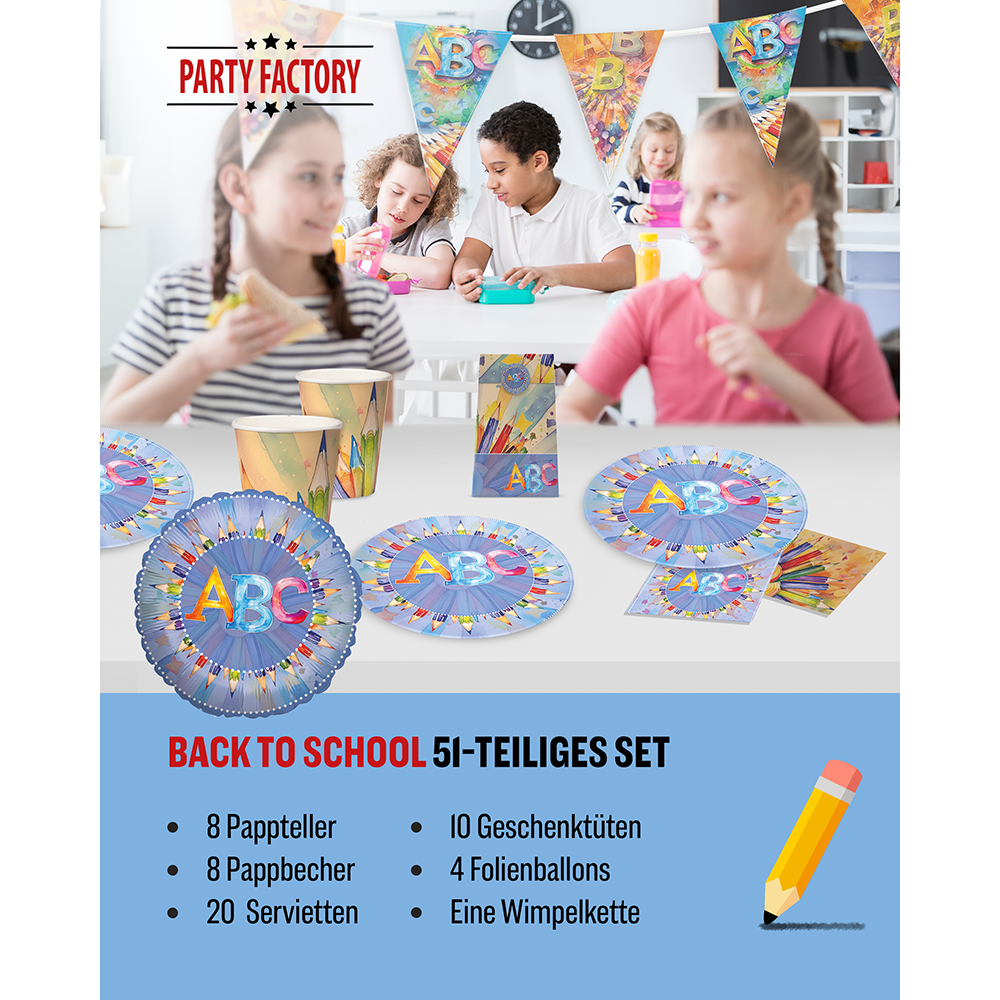 Back to School Neutral, 6-teiliges Partyset, 8 Pappteller, 8 Pappbecher, 20 Servietten, 1 Wimpelkette, 10 Geschenktüten, 4 Folienballons 2