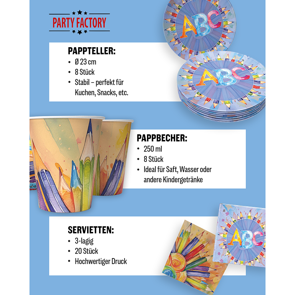 Back to School Neutral, 6-teiliges Partyset, 8 Pappteller, 8 Pappbecher, 20 Servietten, 1 Wimpelkette, 10 Geschenktüten, 4 Folienballons 4
