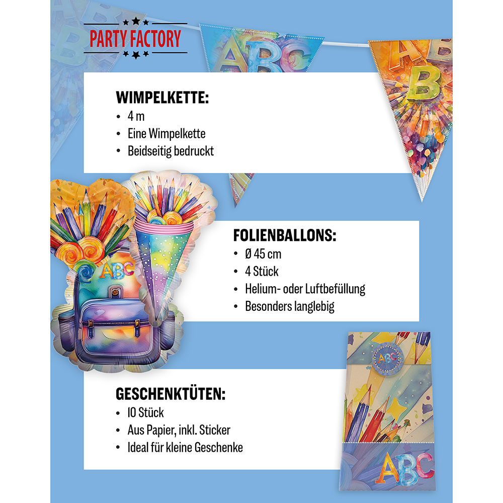 Back to School Neutral, 6-teiliges Partyset, 8 Pappteller, 8 Pappbecher, 20 Servietten, 1 Wimpelkette, 10 Geschenktüten, 4 Folienballons 5