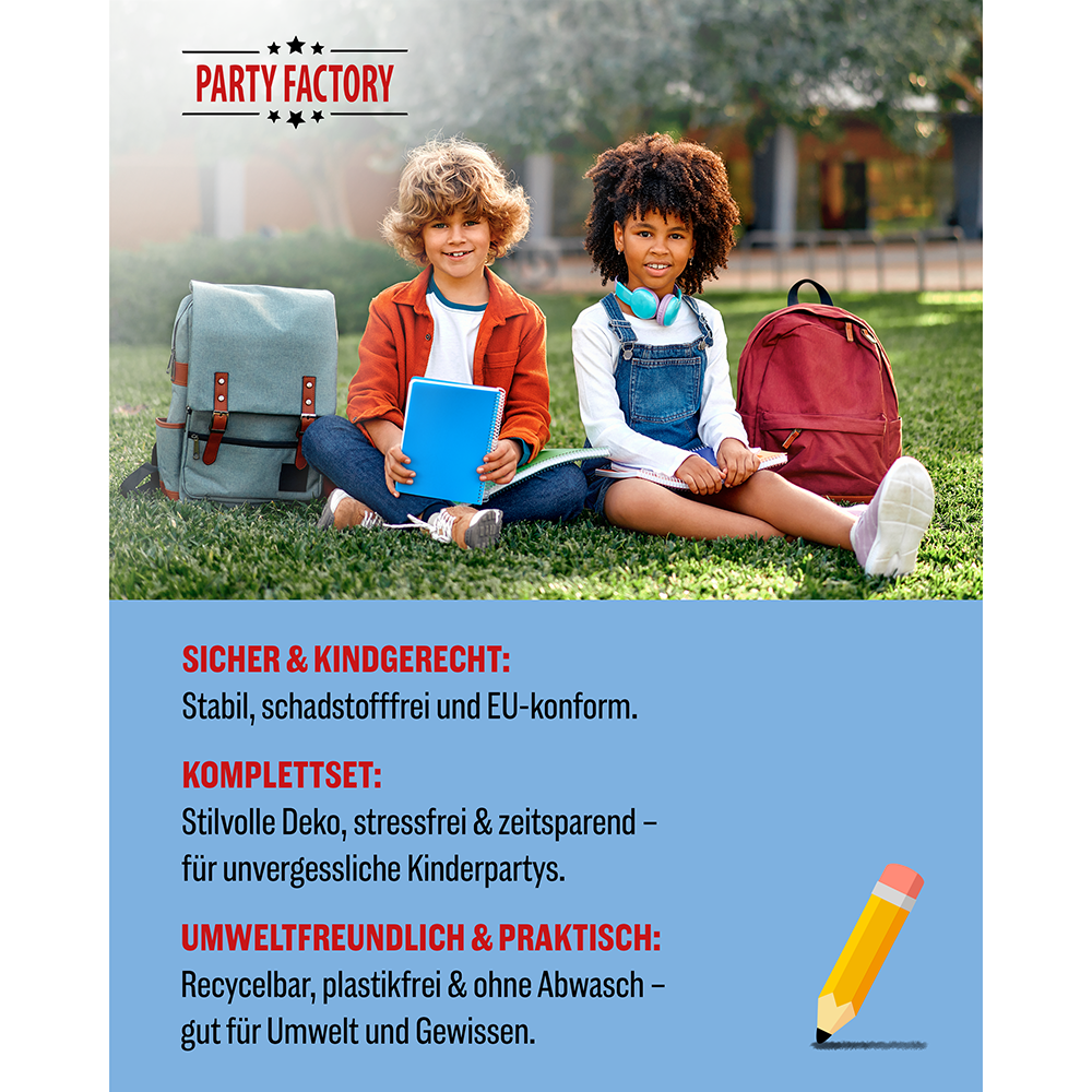 Back to School Neutral, 6-teiliges Partyset, 8 Pappteller, 8 Pappbecher, 20 Servietten, 1 Wimpelkette, 10 Geschenktüten, 4 Folienballons 6