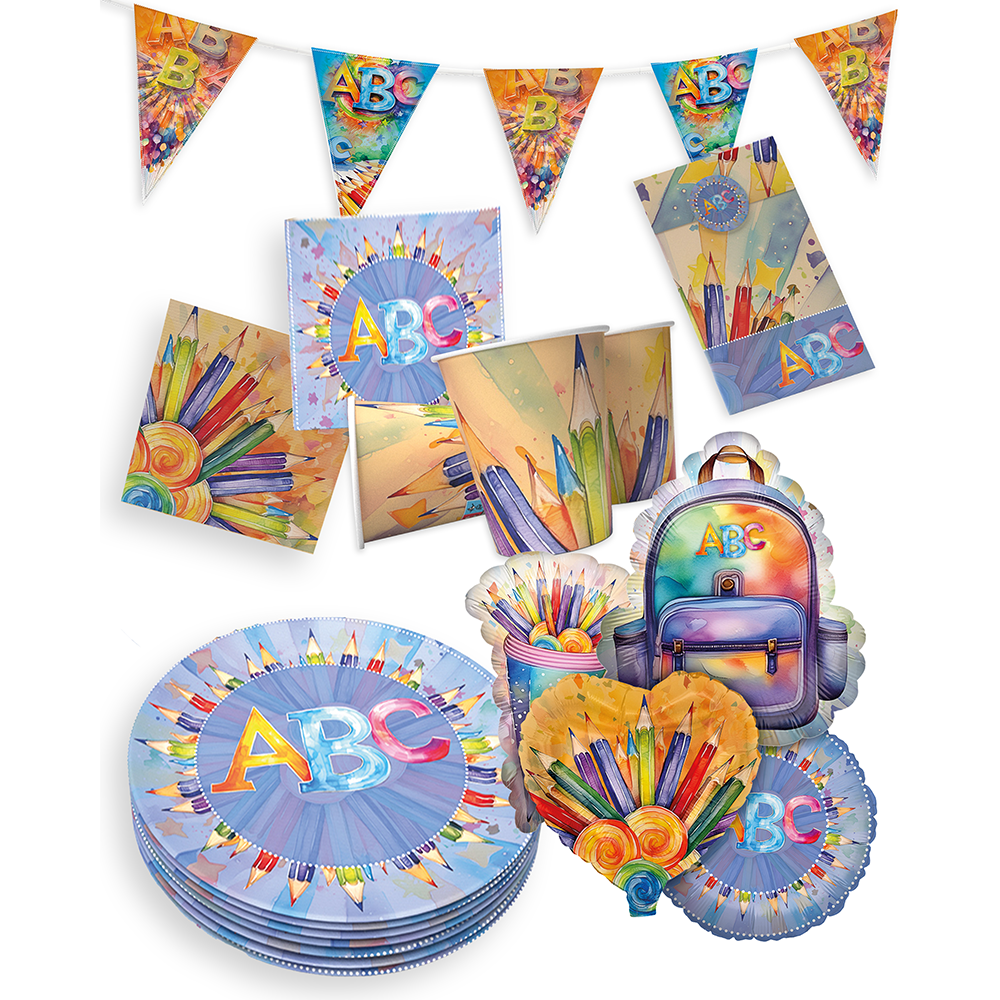 Back to School Neutral, 6-teiliges Partyset, 8 Pappteller, 8 Pappbecher, 20 Servietten, 1 Wimpelkette, 10 Geschenktüten, 4 Folienballons 8
