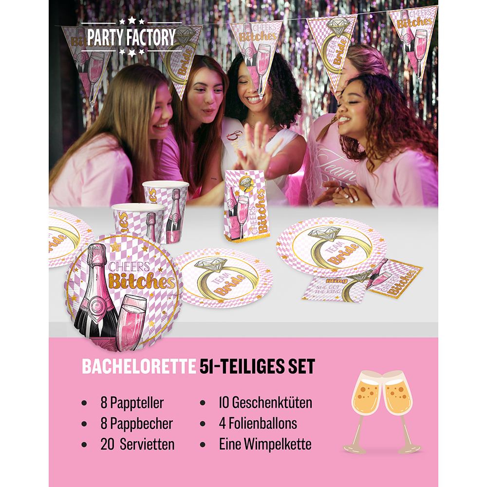 Bachelorette Bling Bling, 6-teiliges Partyset, 8 Pappteller, 8 Pappbecher, 20 Servietten, 1 Wimpelkette, 10 Geschenktüten, 4 Folienballons 2