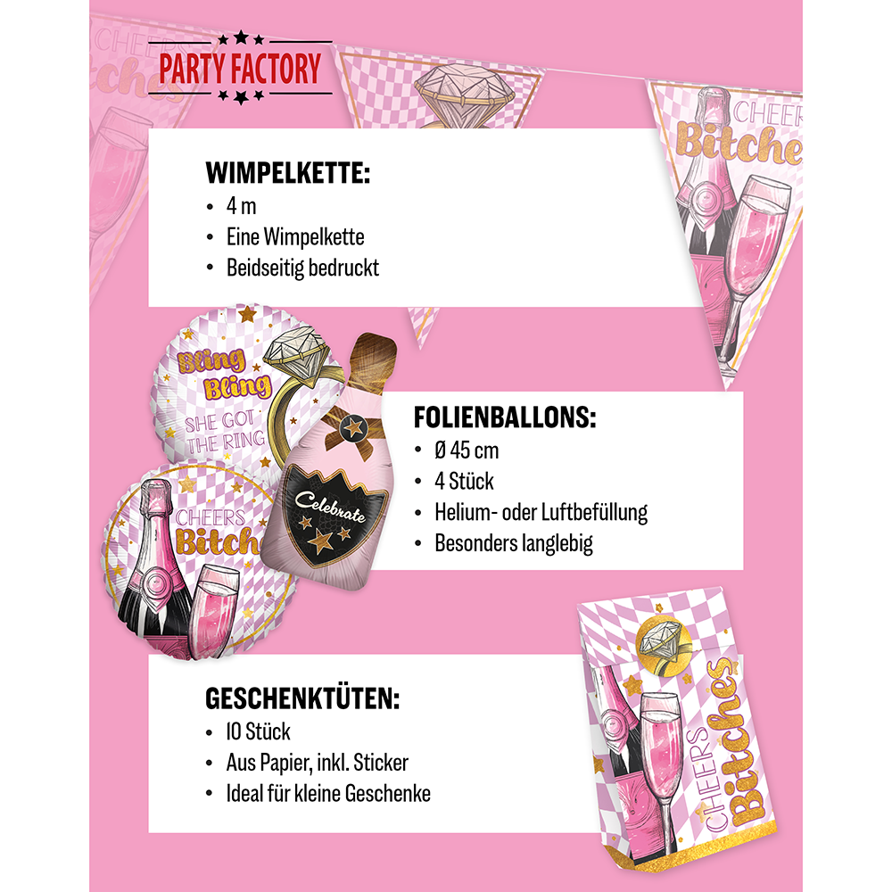 Bachelorette Bling Bling, 6-teiliges Partyset, 8 Pappteller, 8 Pappbecher, 20 Servietten, 1 Wimpelkette, 10 Geschenktüten, 4 Folienballons 5