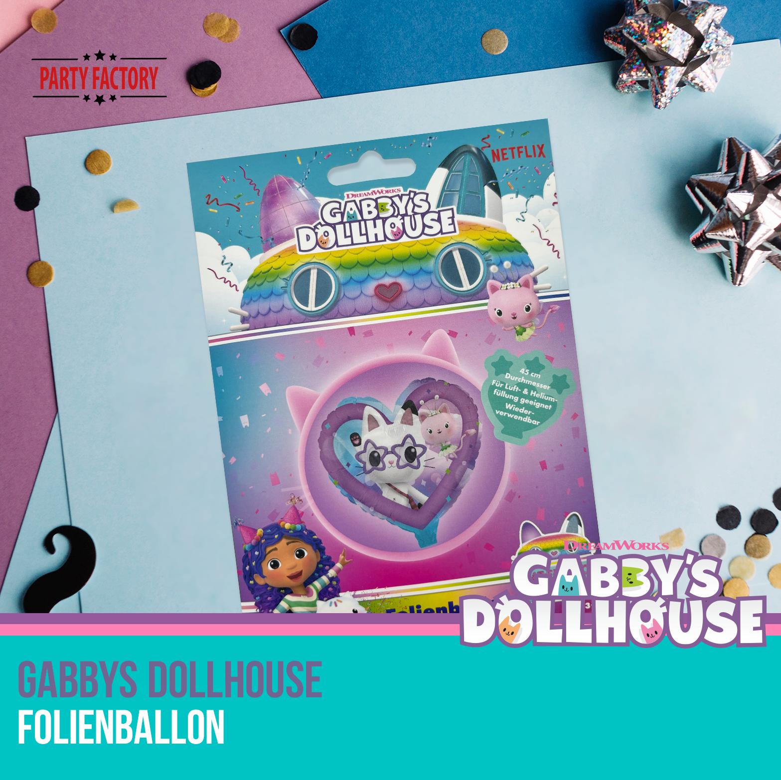 Gabby's Dollhouse Folienballon Herz 45 cm – Pandy Paws & Mercat Motiv 6