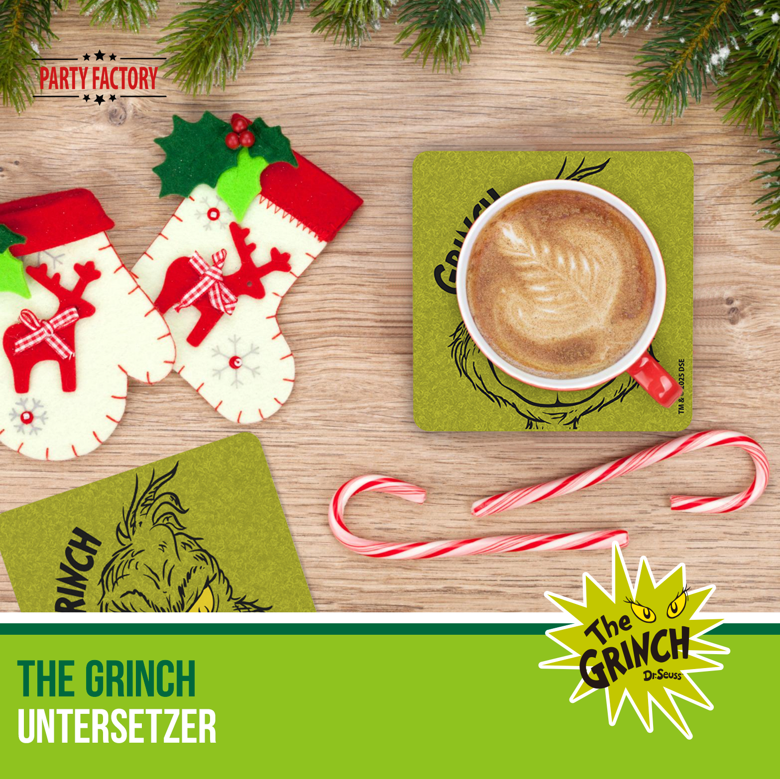 The Grinch Platzmatte Filz & Untersetzer mit 4 grünen Kekstellern Set 6