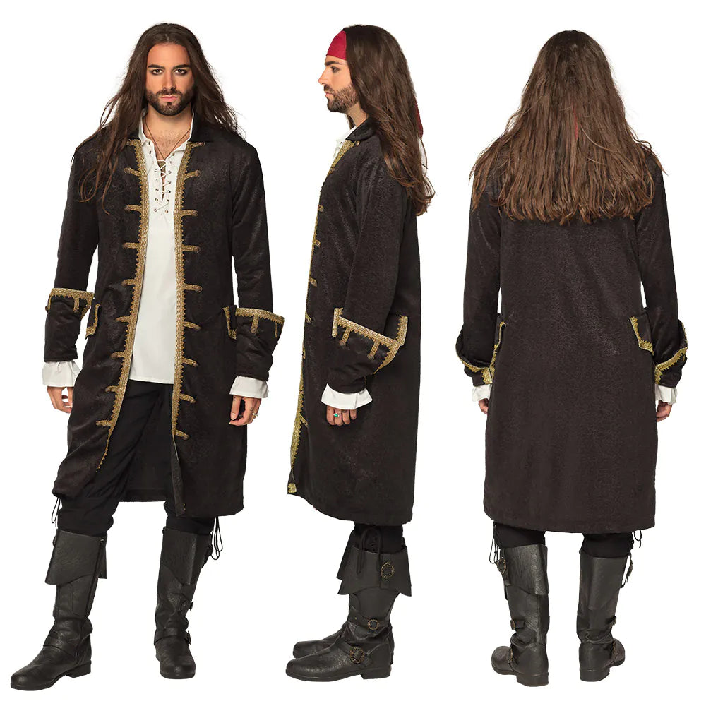 Piratenjacke für Herren Größe M,L,XL,XXL schwarzer Piratenmantel mit Goldborte 3