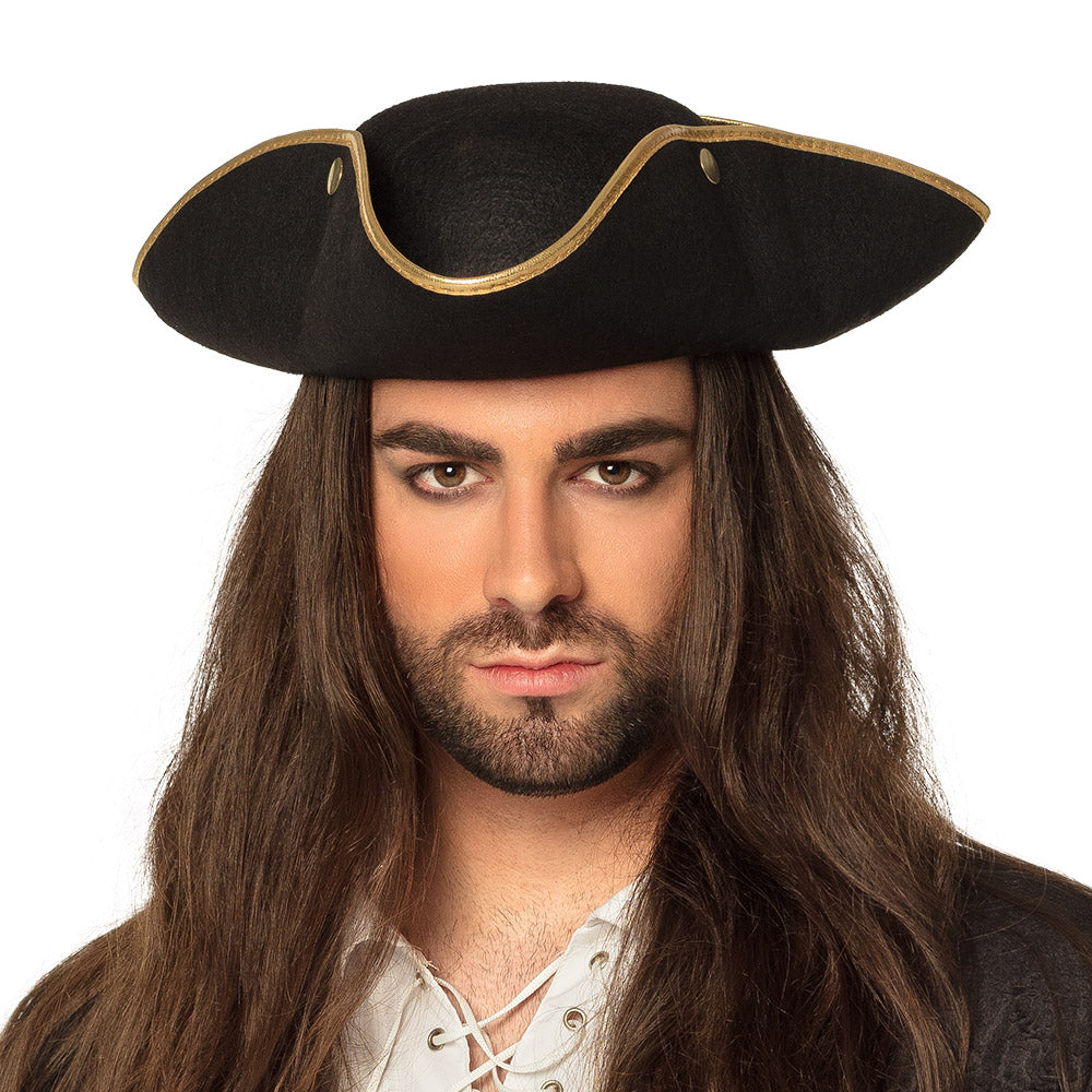 Piratenhut Admiral Henry schwarz – Dreispitz mit goldener Zierkante für Herren