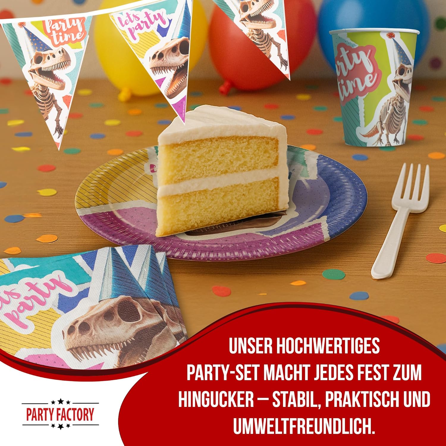 Dino Skelett Partyset – 4-teiliges Set mit Tellern, Bechern, Servietten & Wimpelkette im Retro-Comic-Design 3