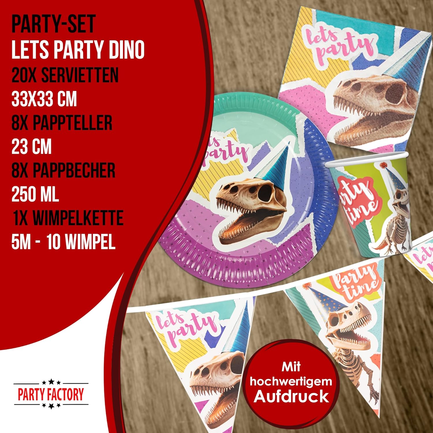 Dino Skelett Partyset – 4-teiliges Set mit Tellern, Bechern, Servietten & Wimpelkette im Retro-Comic-Design 4