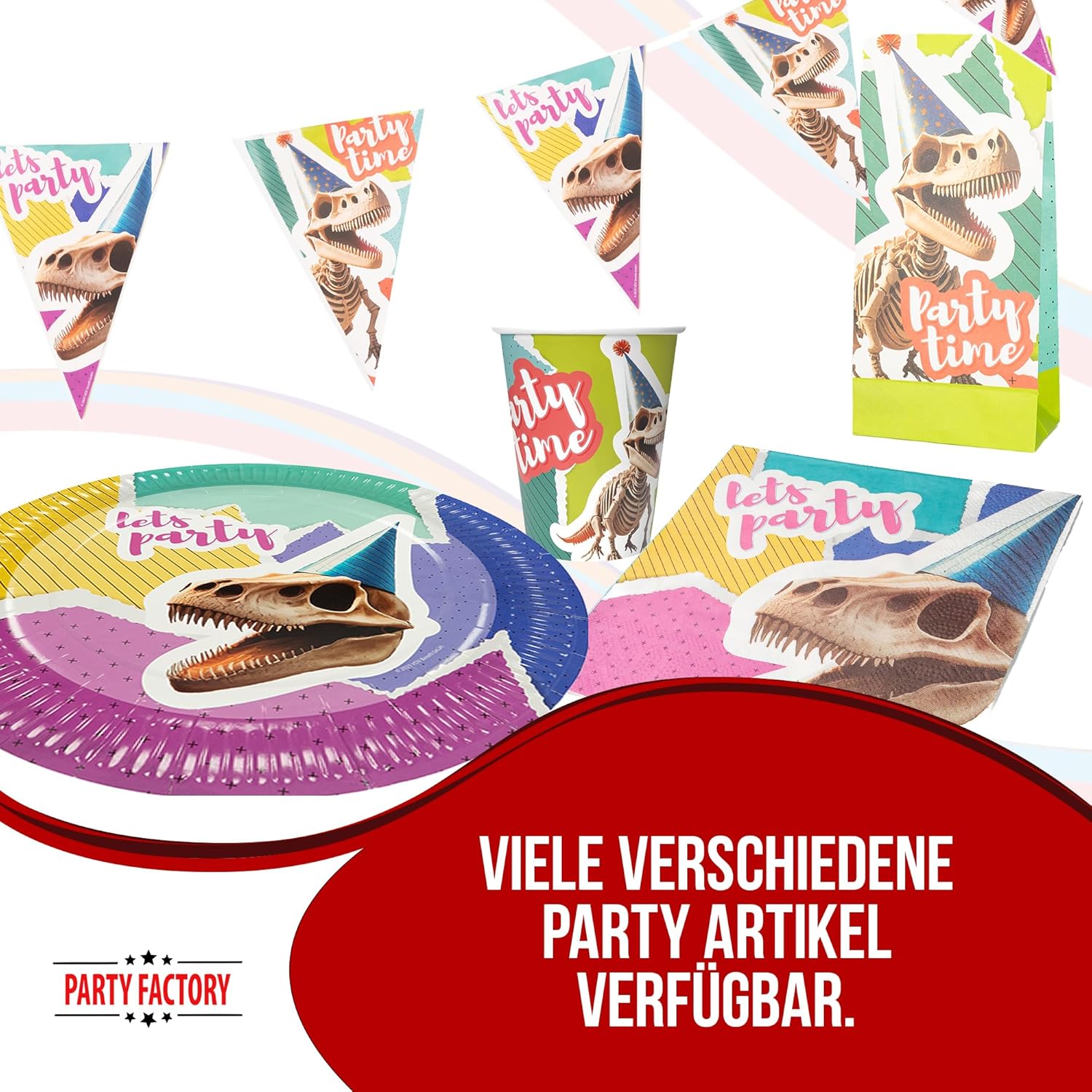 Dino Skelett Partyset – 4-teiliges Set mit Tellern, Bechern, Servietten & Wimpelkette im Retro-Comic-Design 5