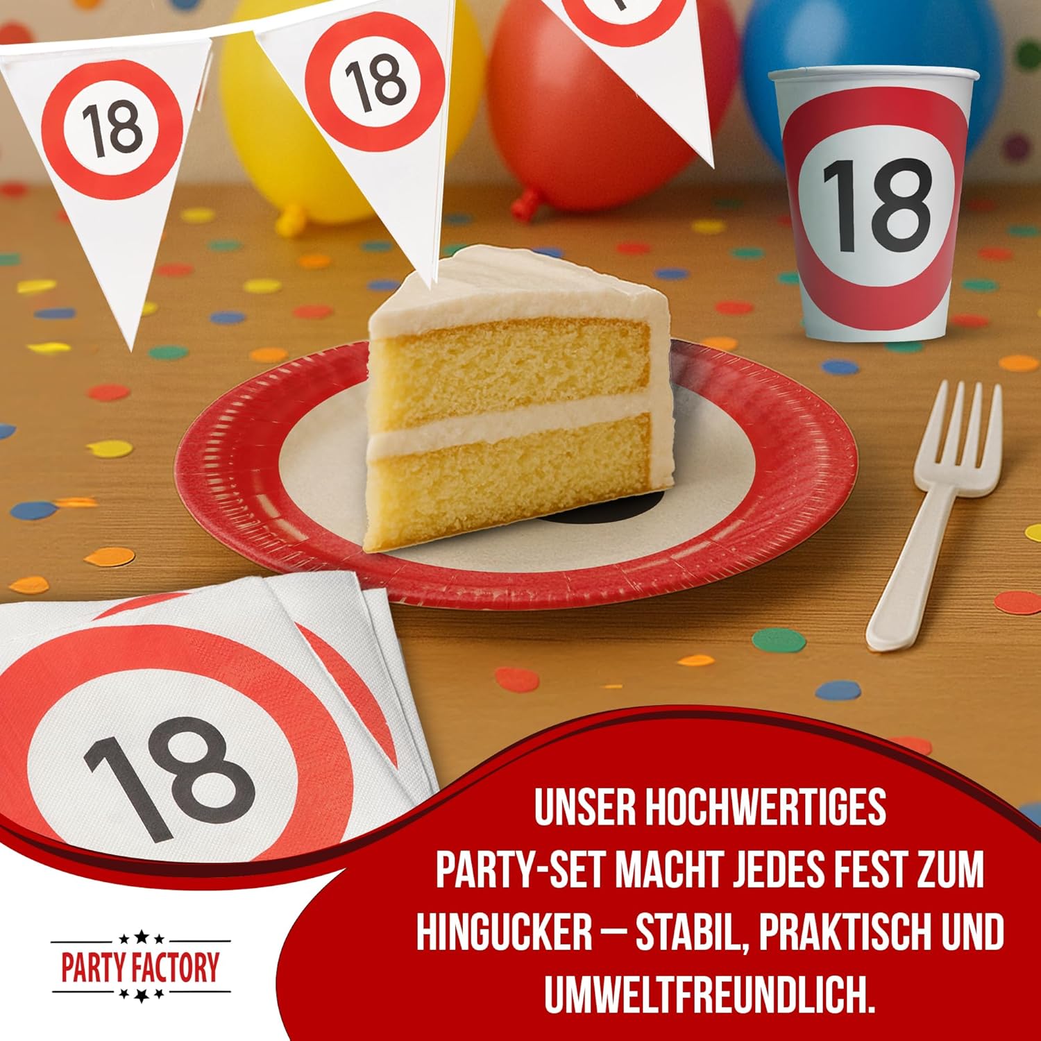 Happy Birthday 18 – 4-teiliges Partyset mit Tellern, Bechern, Servietten und Wimpelkette 6