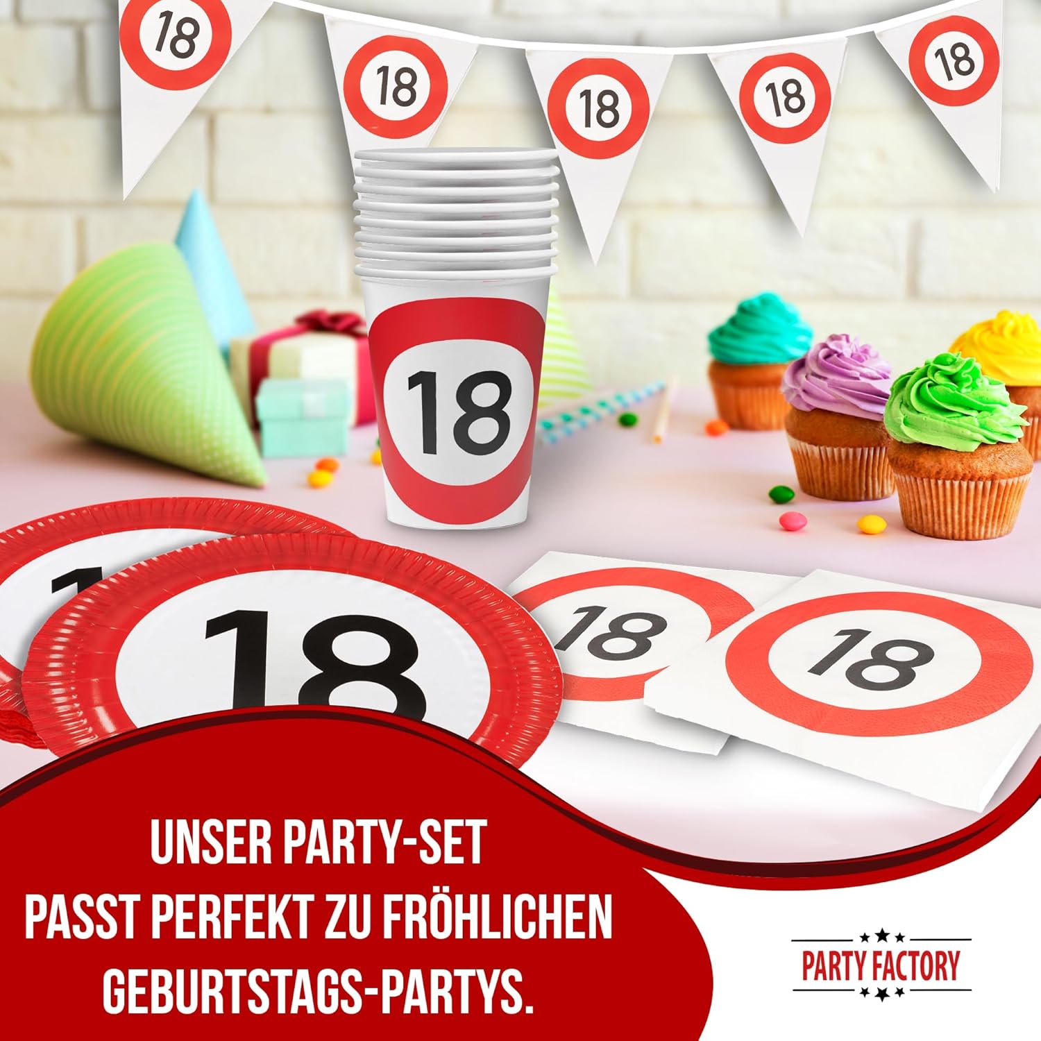 Happy Birthday 18 – 4-teiliges Partyset mit Tellern, Bechern, Servietten und Wimpelkette 7