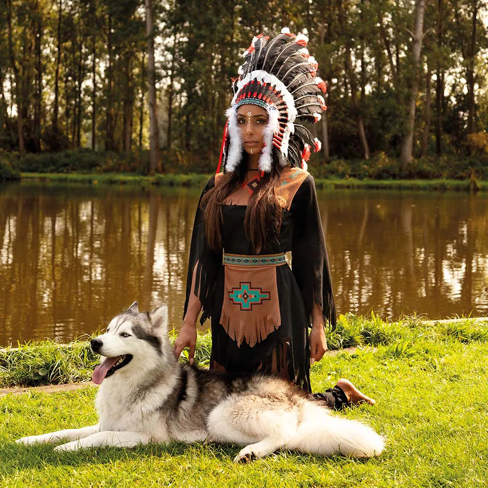 Damen-Kostüm indigen She-wolf  braun mit Stirnband Kleid Gürtel 2 Beinschienen 5
