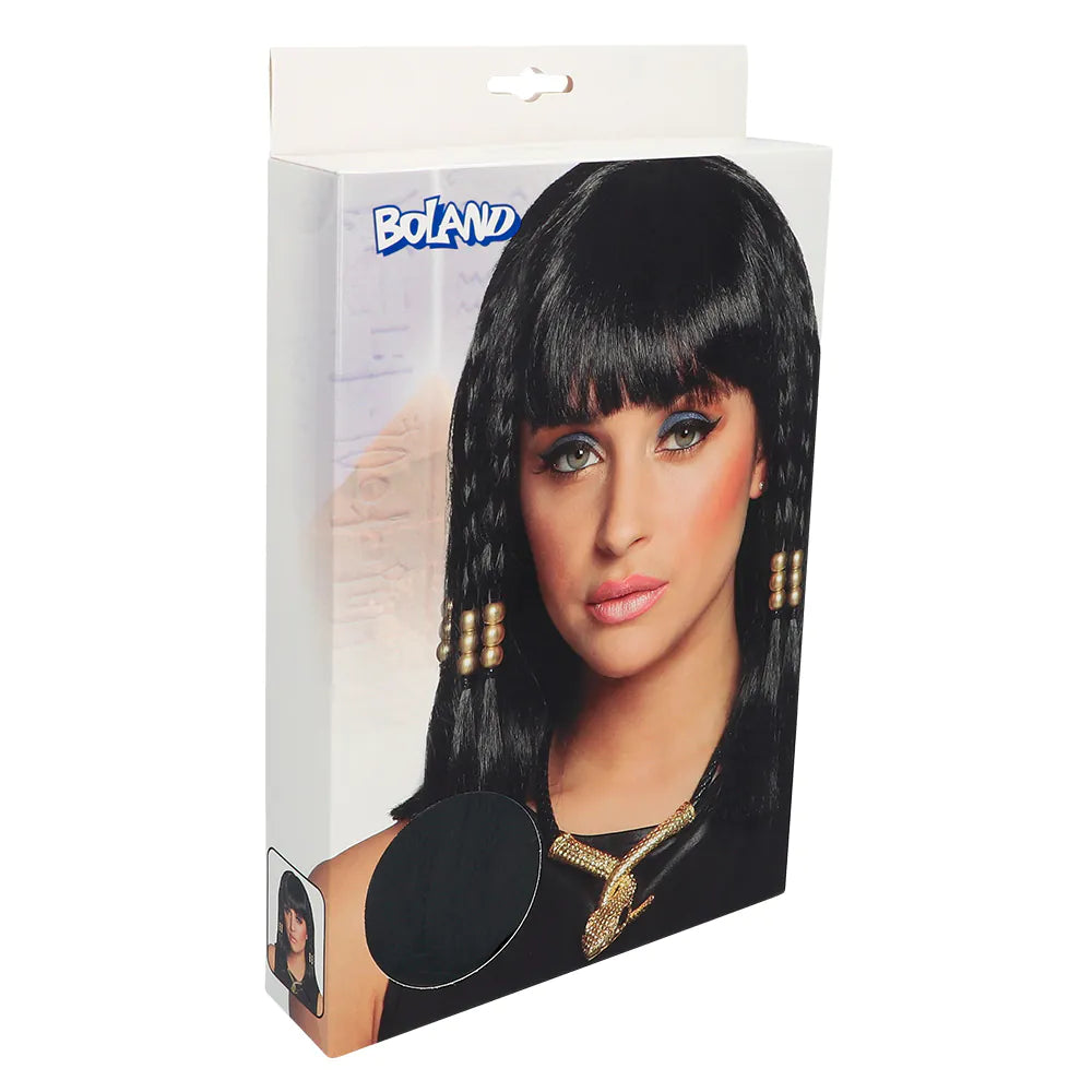 Perücke Kleo Cleopatra – Schwarze Damenperücke mit Pony & goldenen Perlen 2