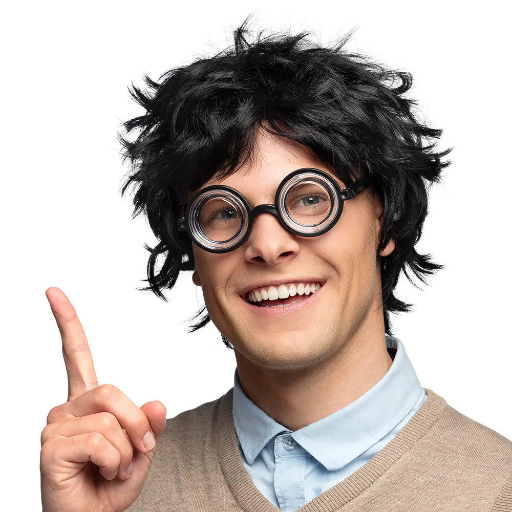 Perücke Nerd – Schwarze Herrenperücke mit zerzaustem Haar & runder Brille 4