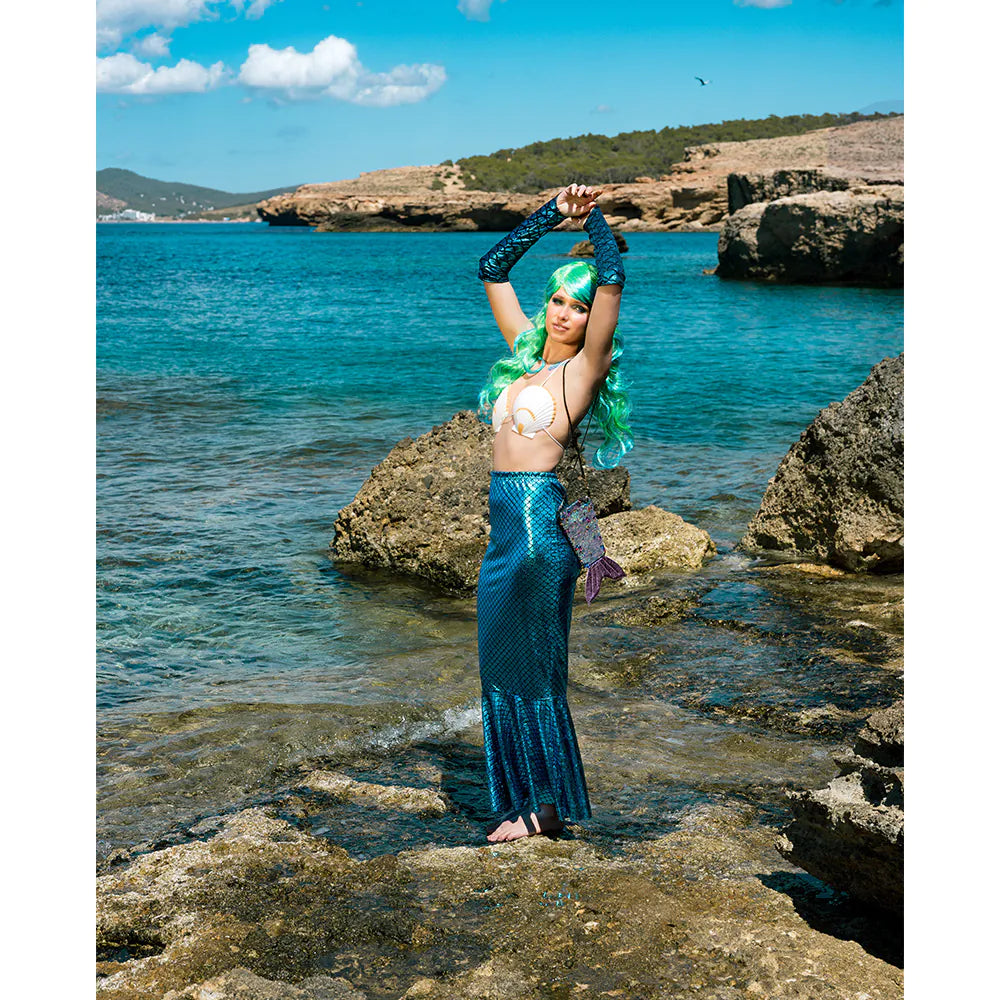 Perücke Aqua – Lange grün-blaue Damenperücke mit Wellen & Pony für Karneval 5