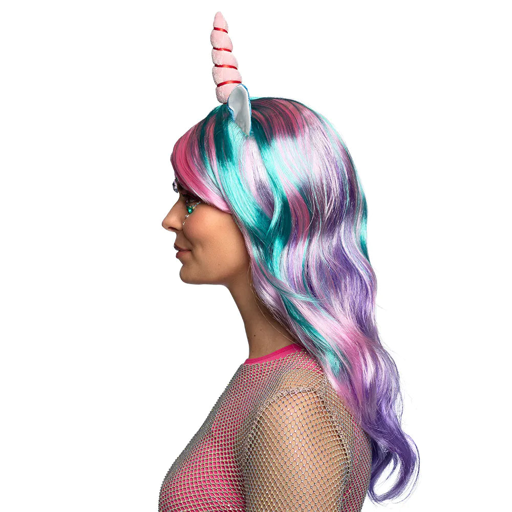 Perücke Einhorn Daydream UV – Bunte Damenperücke mit Horn & Schwarzlicht-Effekt 2