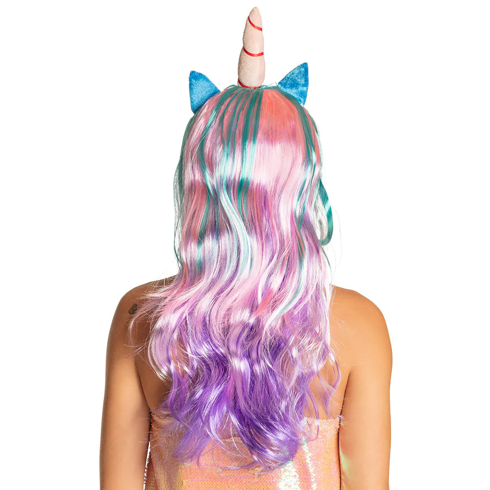 Perücke Einhorn Daydream UV – Bunte Damenperücke mit Horn & Schwarzlicht-Effekt 5