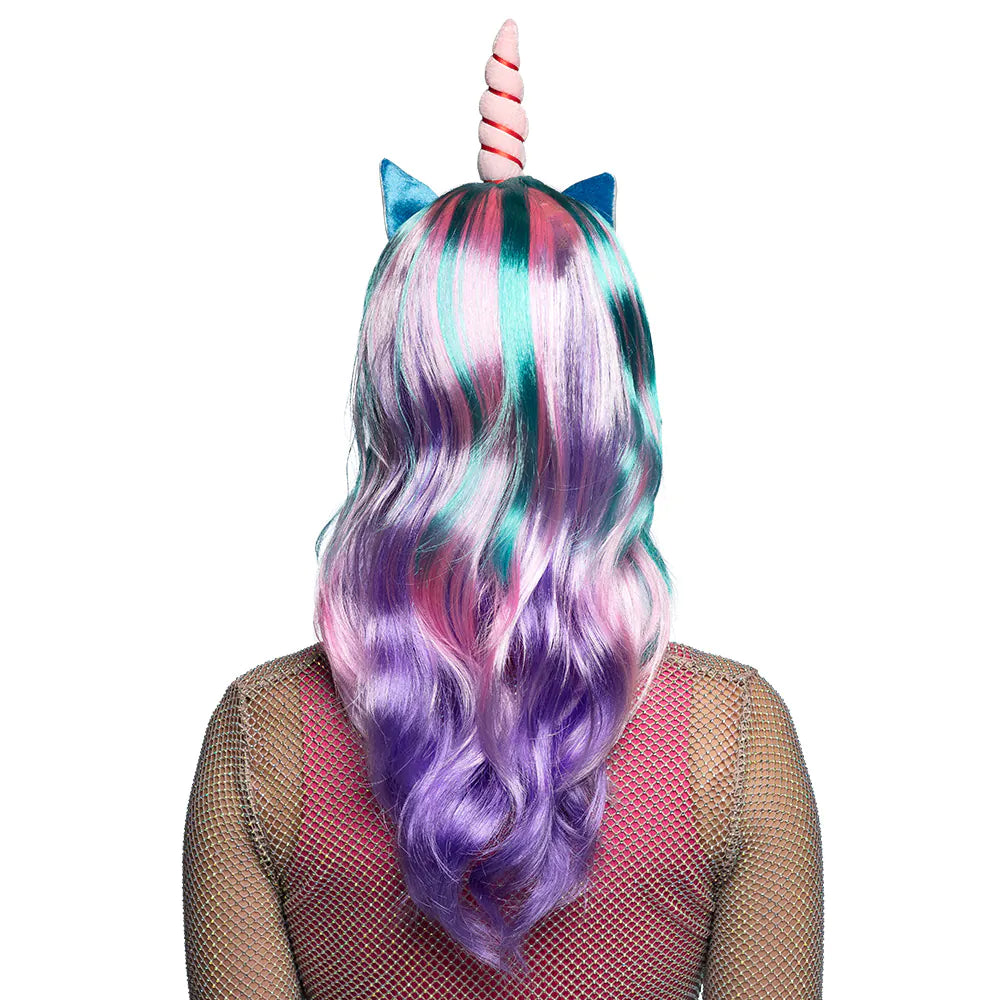 Perücke Einhorn Daydream UV – Bunte Damenperücke mit Horn & Schwarzlicht-Effekt 3