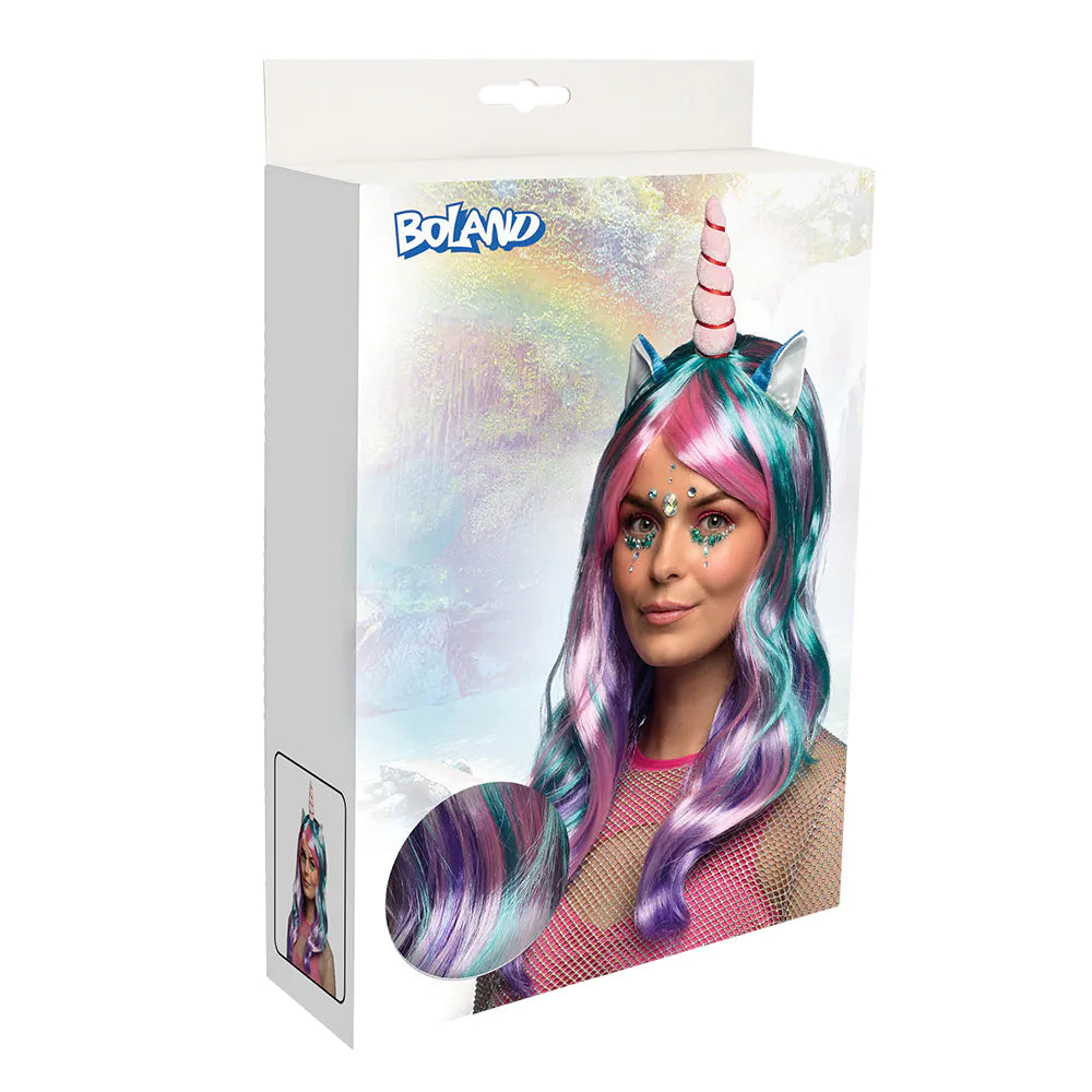 Perücke Einhorn Daydream UV – Bunte Damenperücke mit Horn & Schwarzlicht-Effekt 4