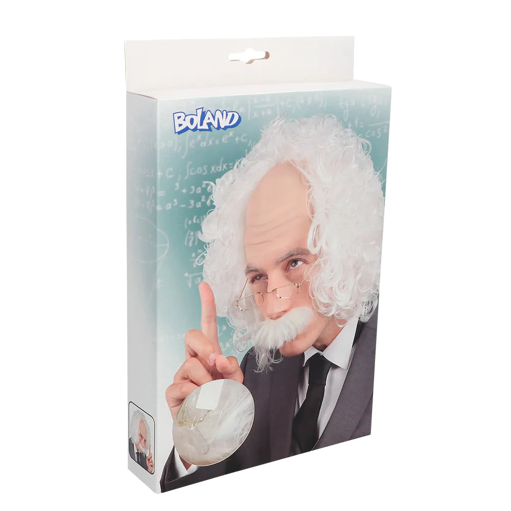 Perücke Professor mit Schnurrbart & Brille – Weißes Herren Kostümset Karneval 2