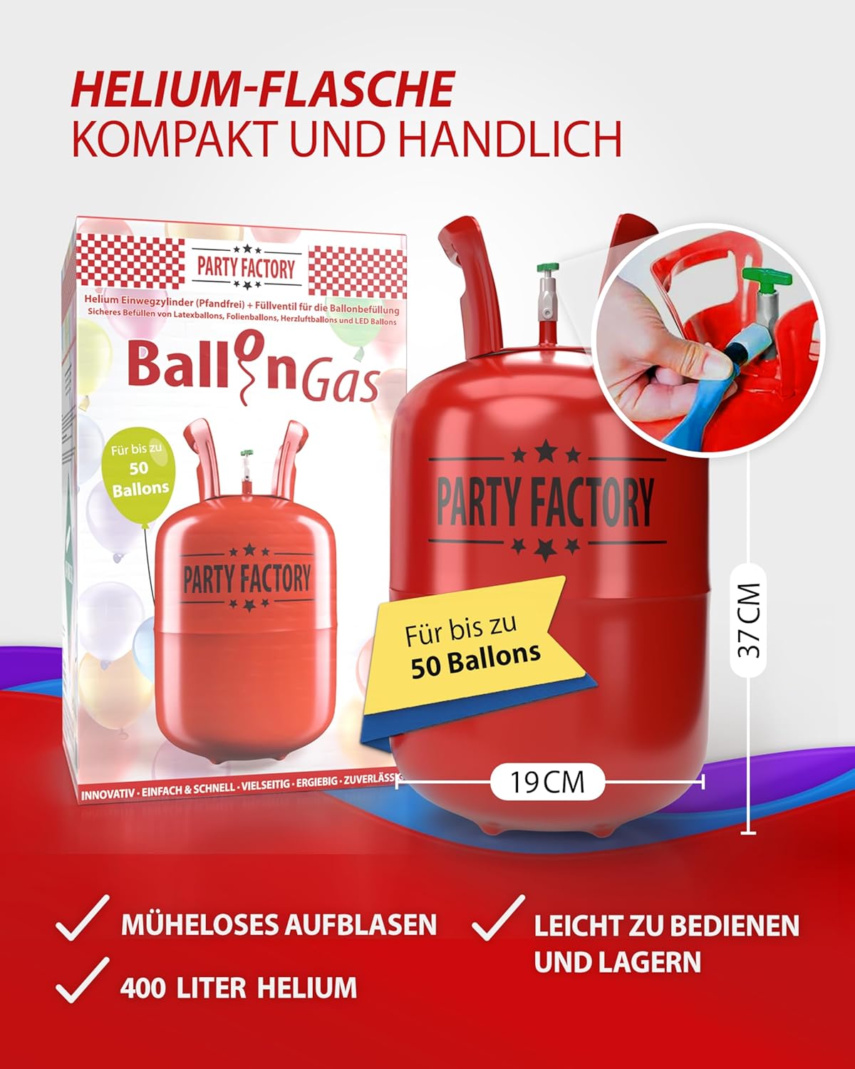 Ballongas Helium für bis zu 50 Luftballons, 0,4m³ Einwegflasche 5