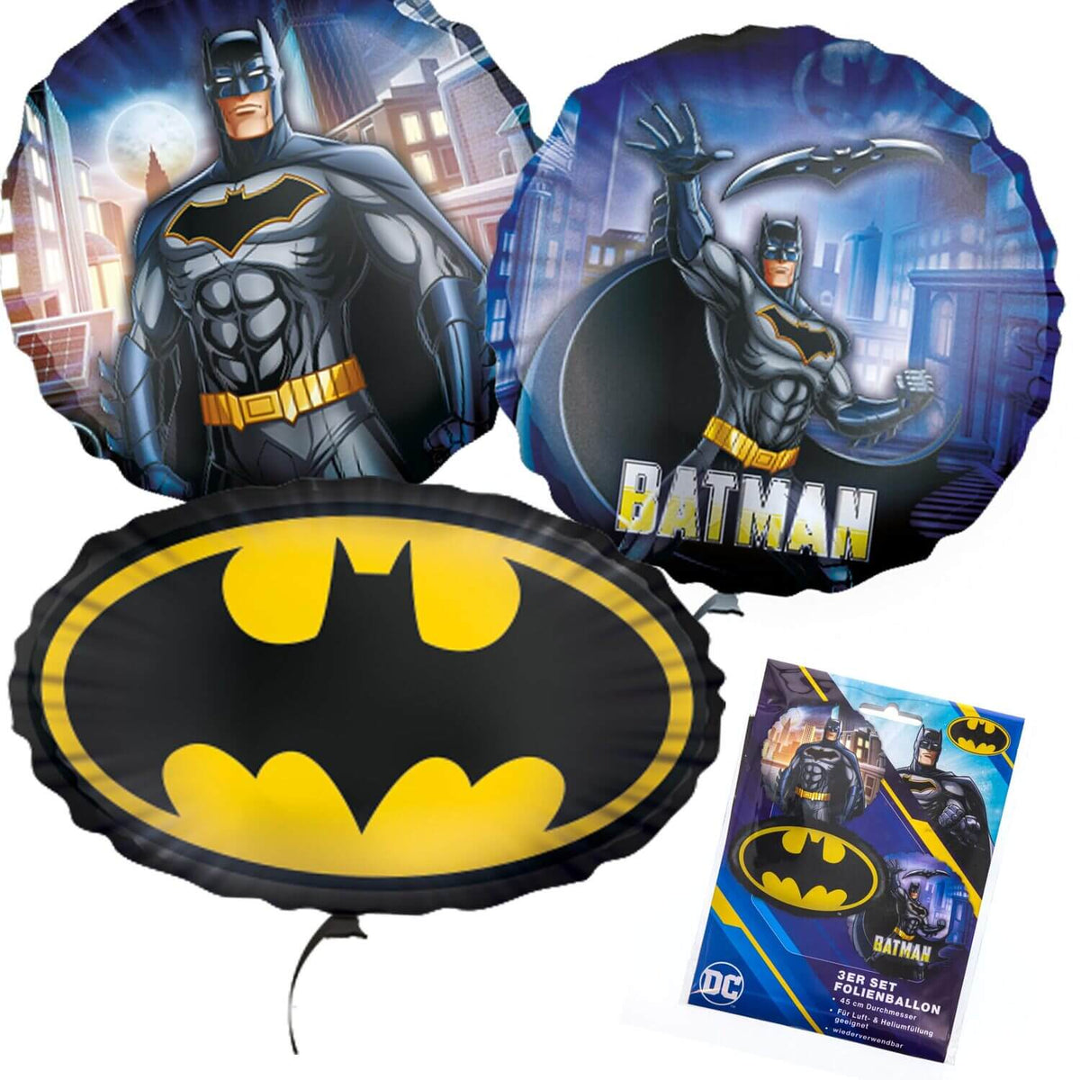 Batman 3er-Set Folienballons Ø45 cm schwarz gelb blau 1