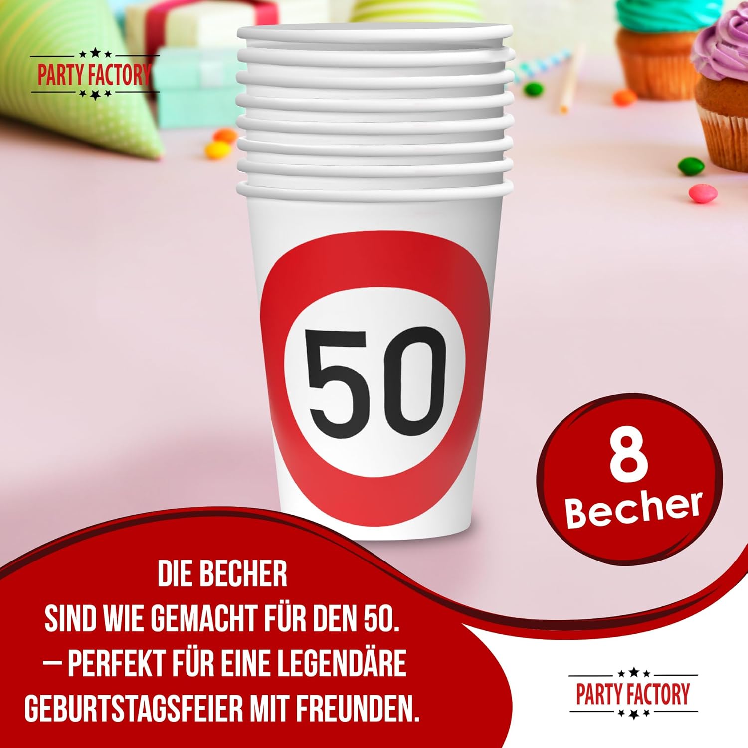 Becher Happy Birthday 50 8er-Pack 250  ml stilvolle Deko zum 50. Geburtstag 2