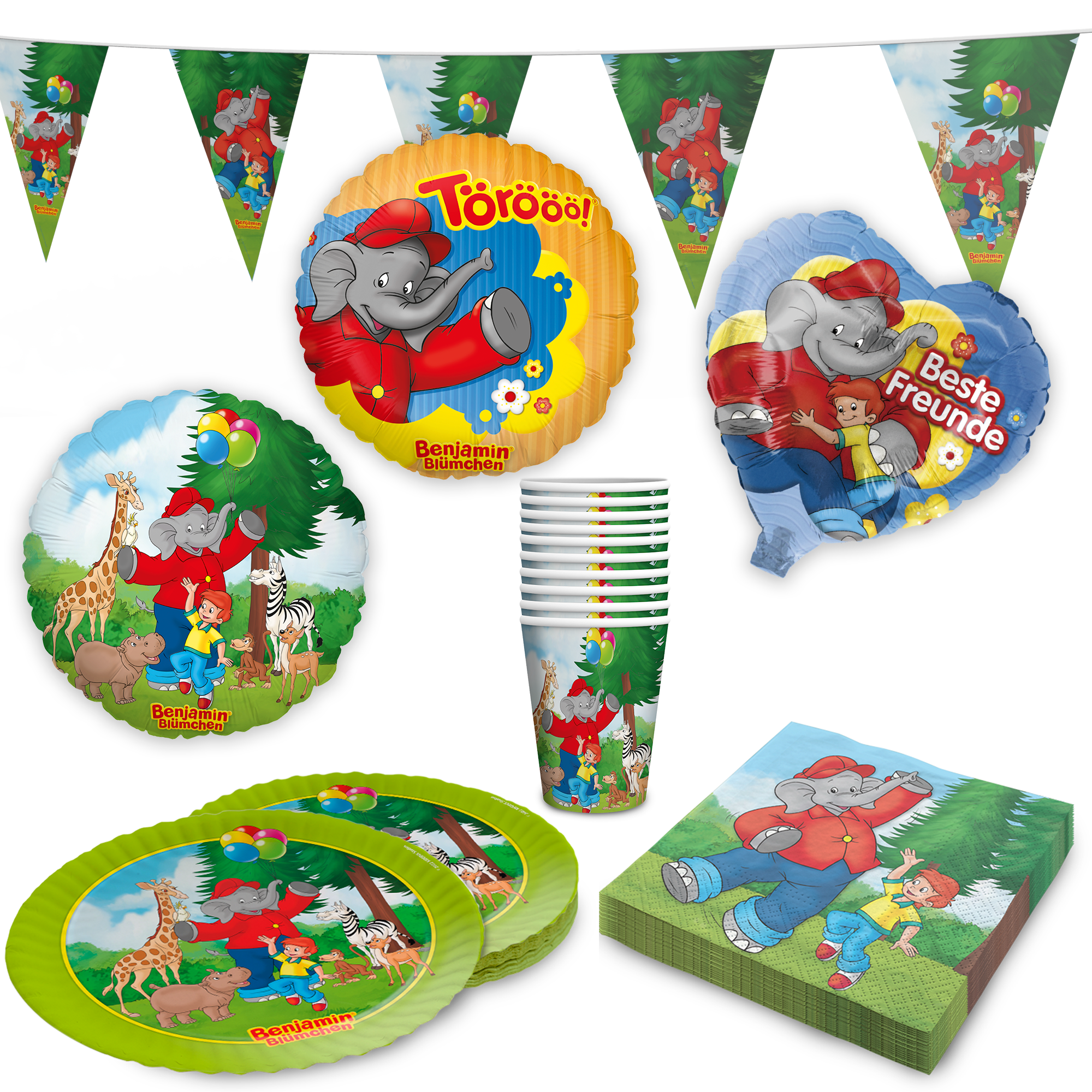 Benjamin Blümchen Partyset 51-tlg. Geschirr, Servietten, Wimpel, Folienballons 1