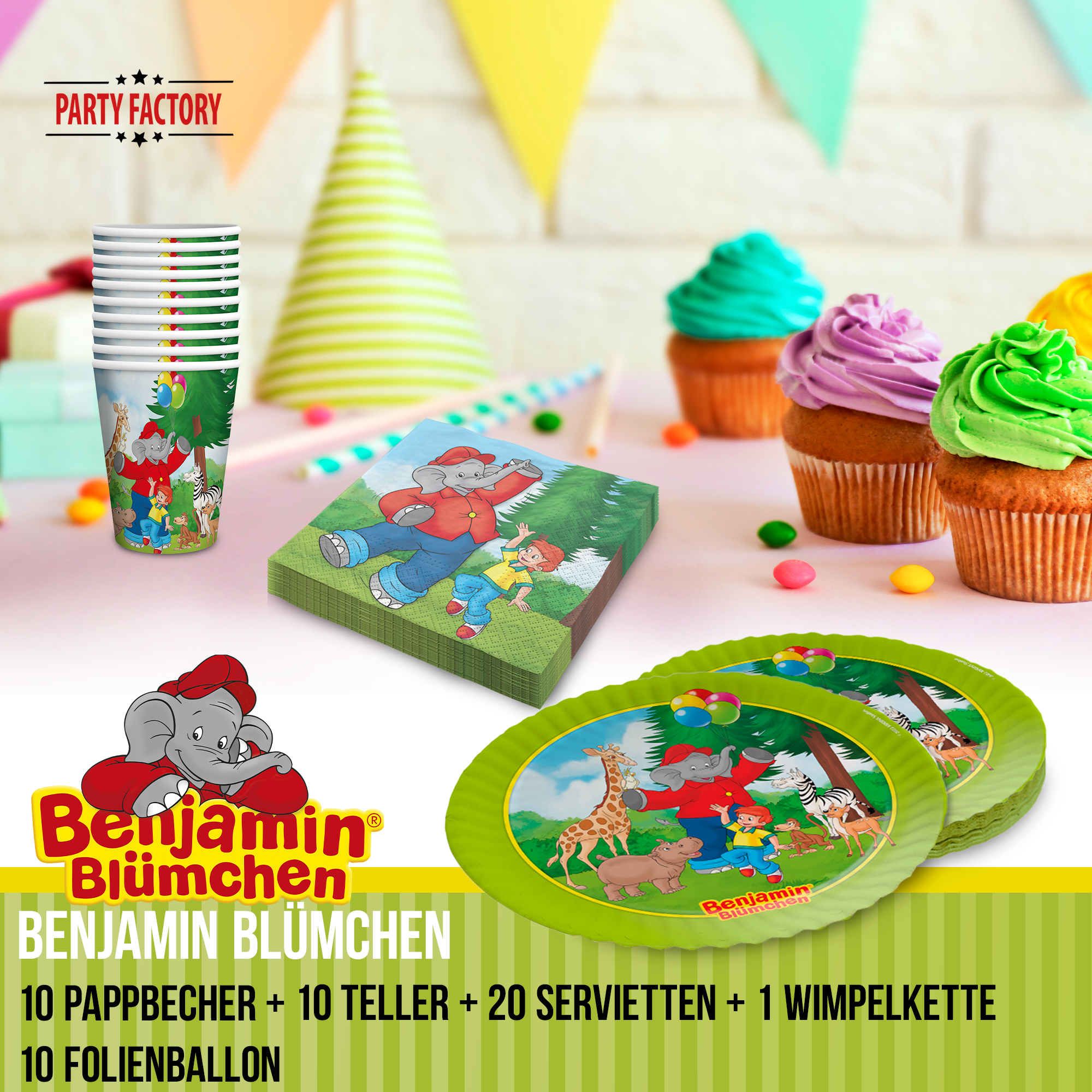 Benjamin Blümchen Partyset 51-tlg. Geschirr, Servietten, Wimpel, Folienballons 2