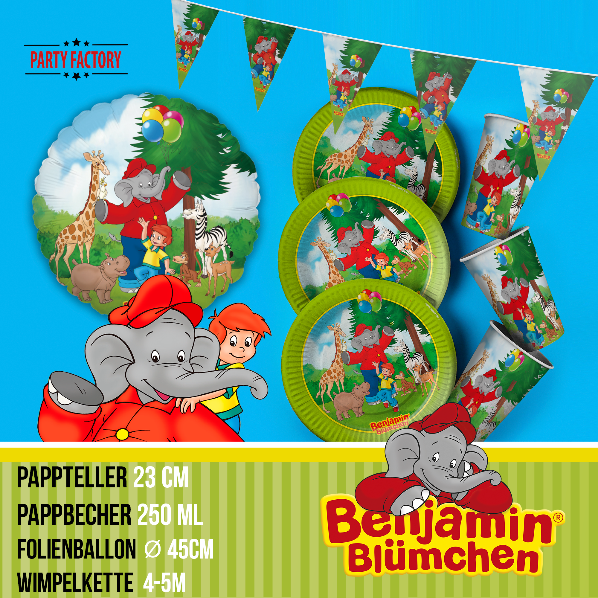 Benjamin Blümchen Partyset 51-tlg. Geschirr, Servietten, Wimpel, Folienballons 4