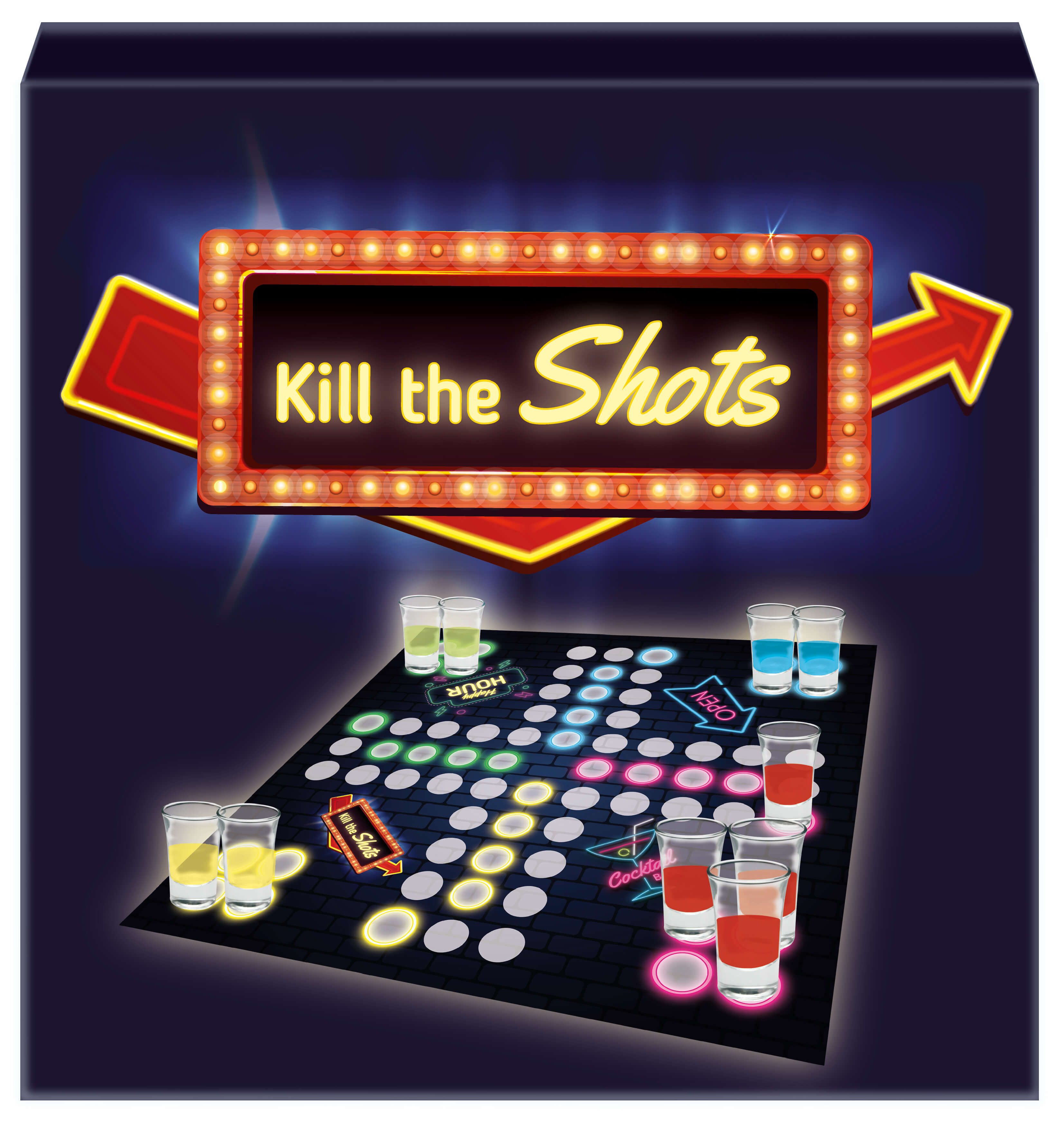 Brettspiel Kill the shots Trinkspielfür 4 Personen mit  Würfel 16 Shot Gläsern