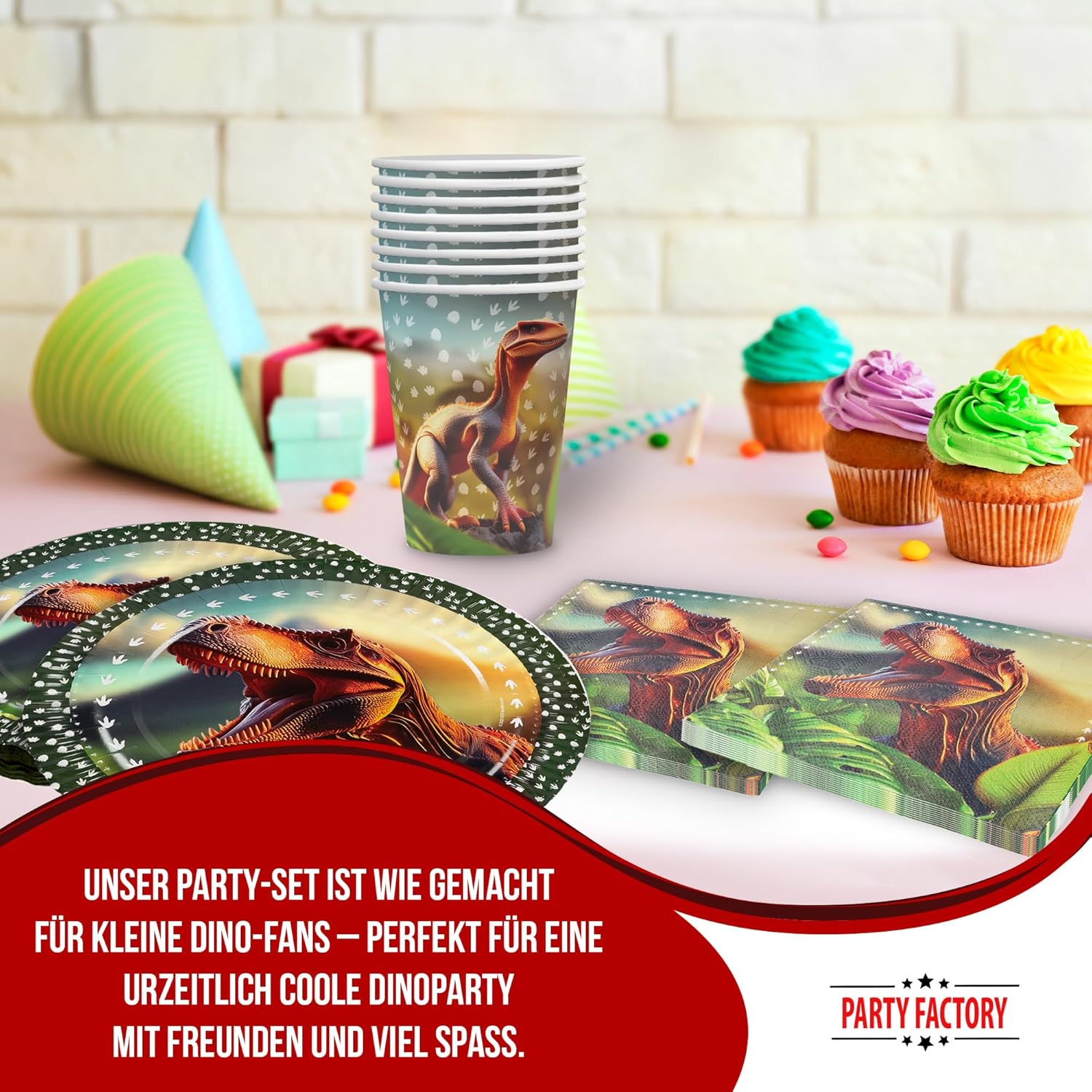 Dino Realistisch 36-teiliges Party-Set mit 8 Papptellern, 8 Pappbechern und 20 Servietten 2
