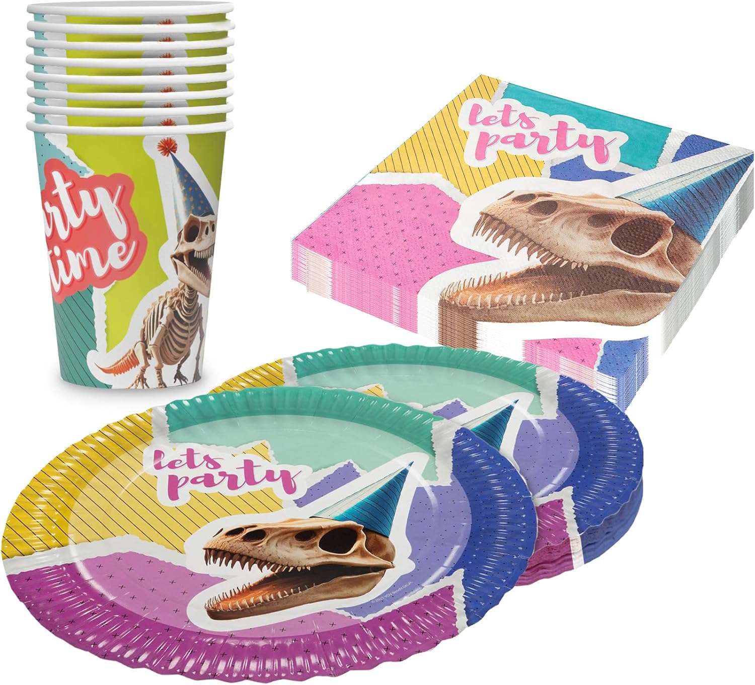 Dino Skelett –36-teiliges Party-Set mit 8 Tellern, 8 Bechern & 20 Servietten