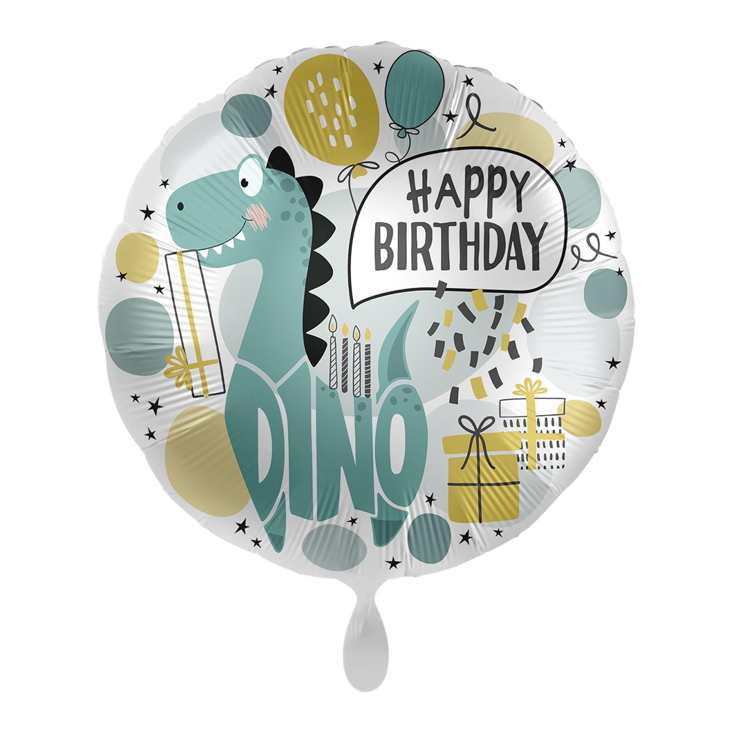Folienballon Dino Happy Birthday für Kinder Jungen rund gold türkis  Ø 43cm