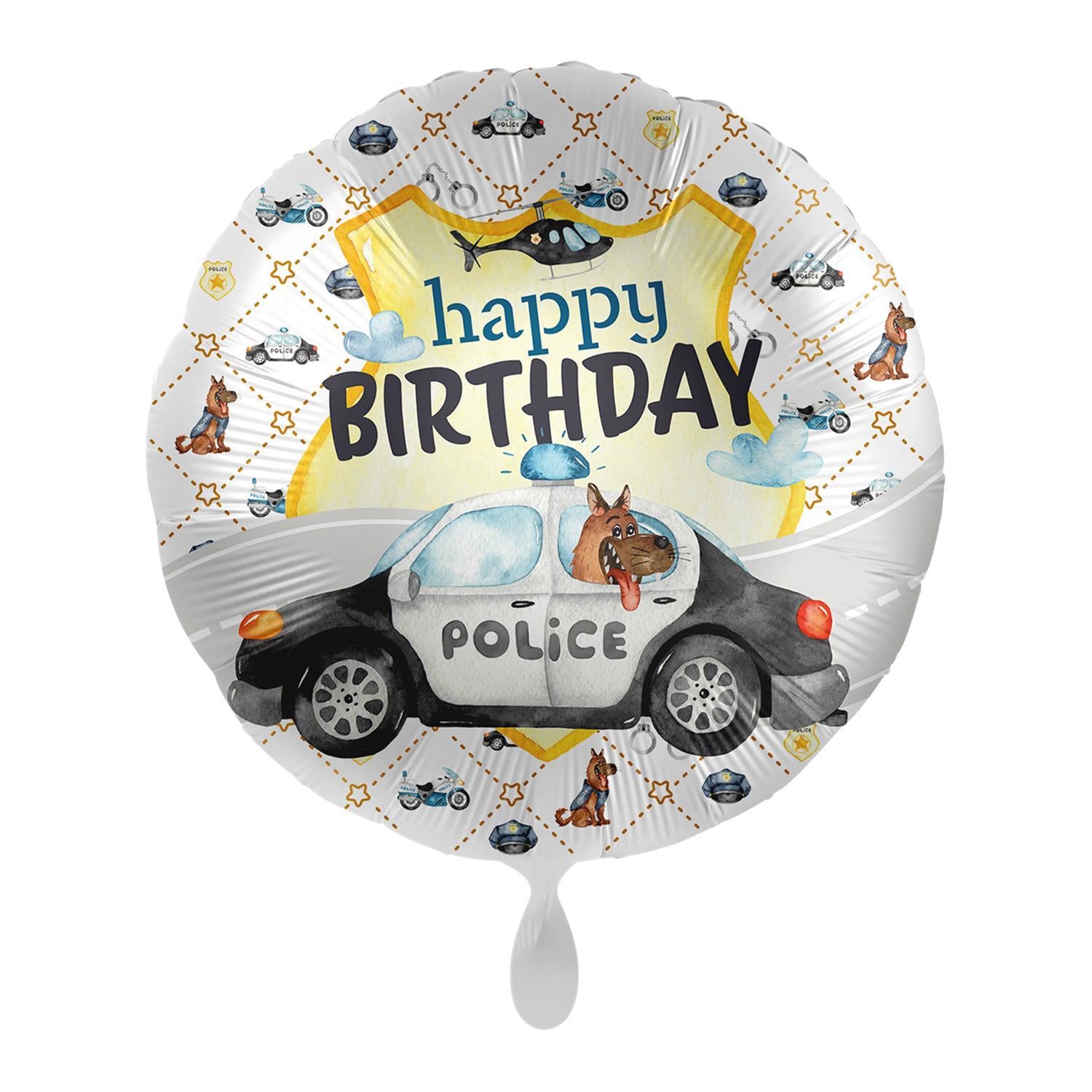 Folienballon Happy Birthday Polizeihund und Polizeiauto perfekt für Kinder Ø43cm