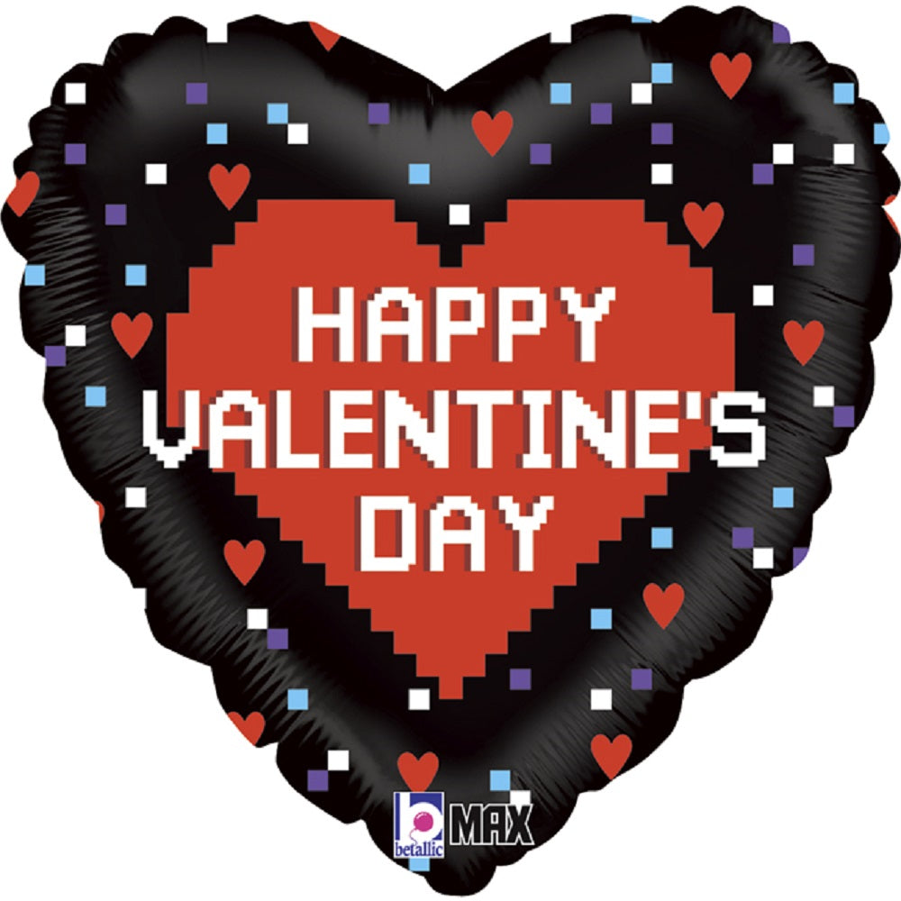 Folienballon Happy Valentine’s Day 36x36 cmschwarz rot Pixel Herzen Liebe Ballon