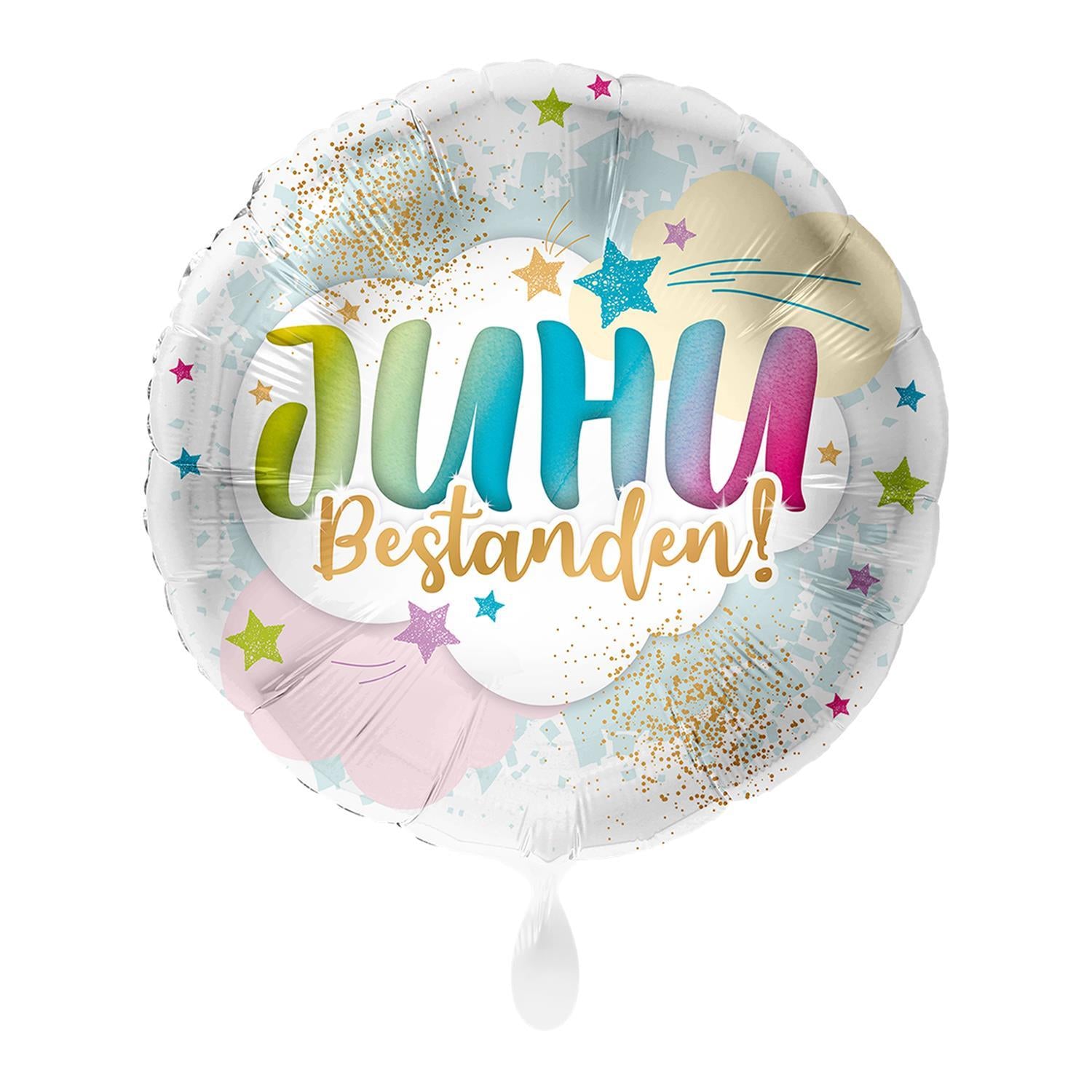Folienballon  Glückwunsch Prüfung - Juhuuuu Bestanden! - Design rund und bunt Ø 43 cm