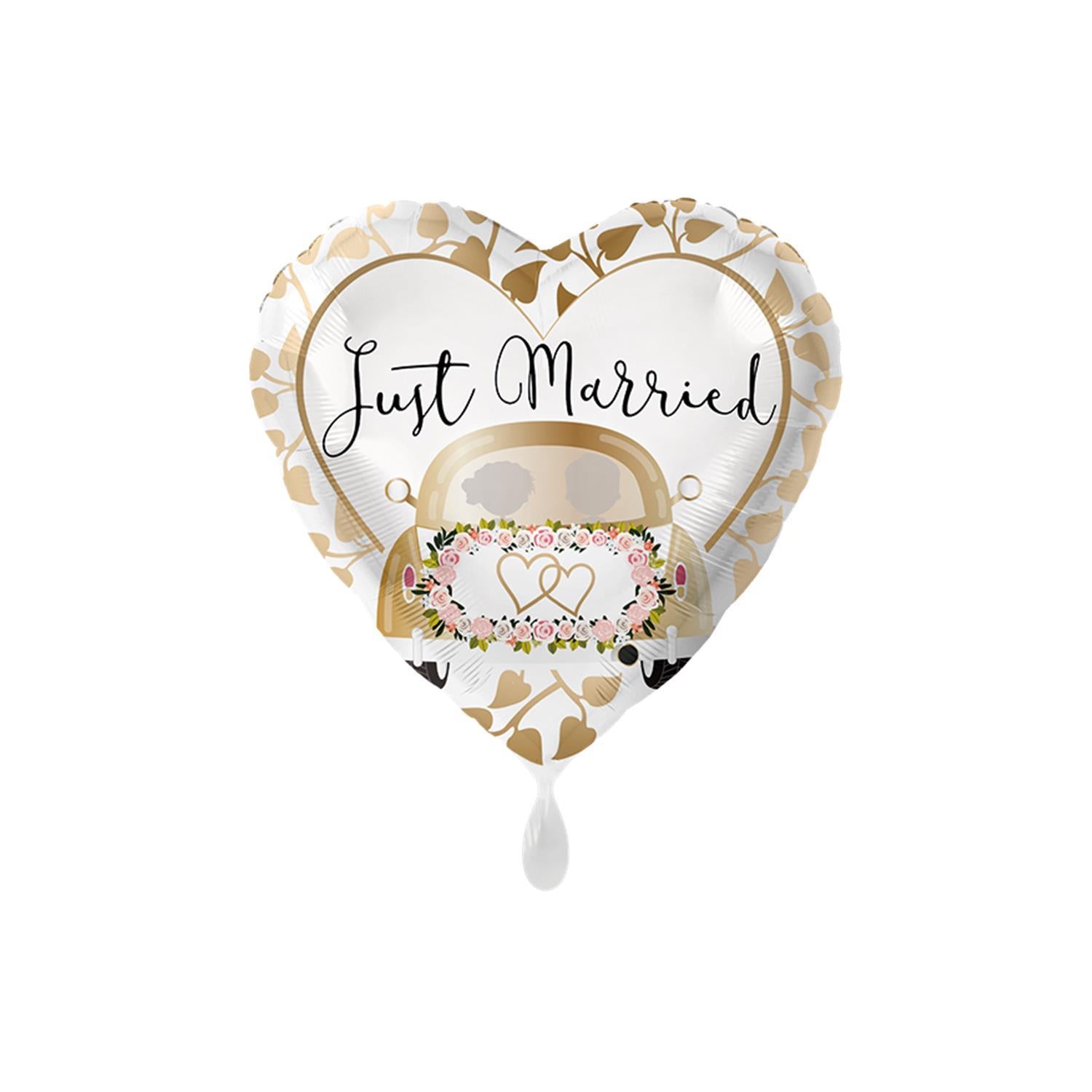 Folienballon Just married car gold Hochzeit Auto Ballon in Herz-Form ø45cm