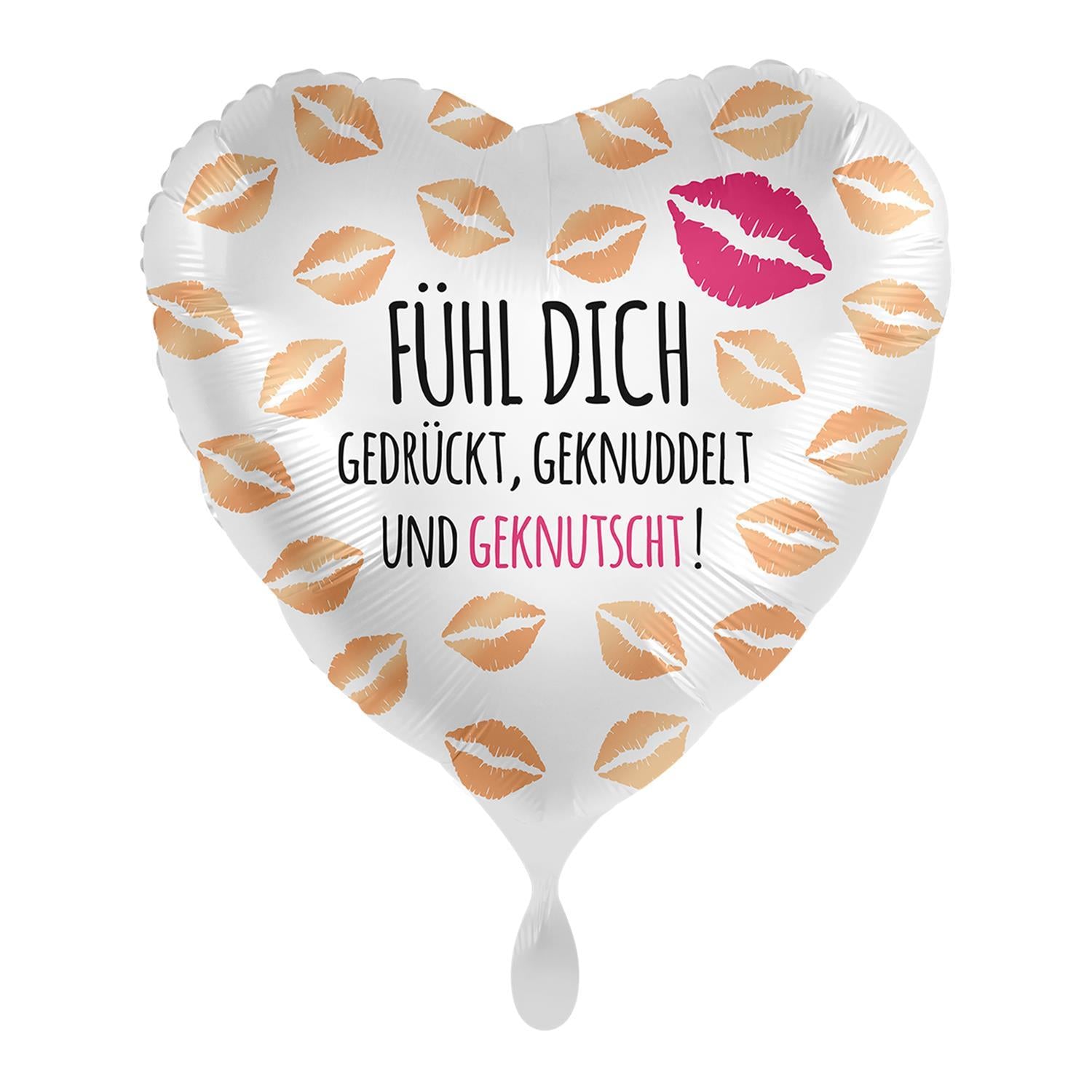Folienballon mit Kussmündern Fühl dich gedrückt geknuddelt und geknutscht Ø 43cm