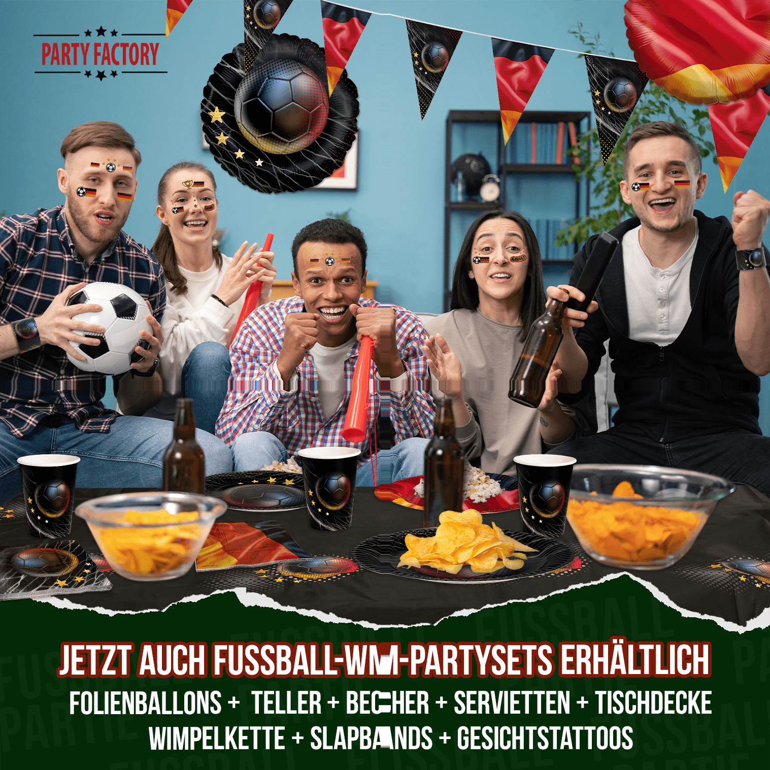 Fußball WM Partyset-1 Deutschland 38-tlg. Teller, Becher, Servietten, Wimpelkette & Tischdecke 2