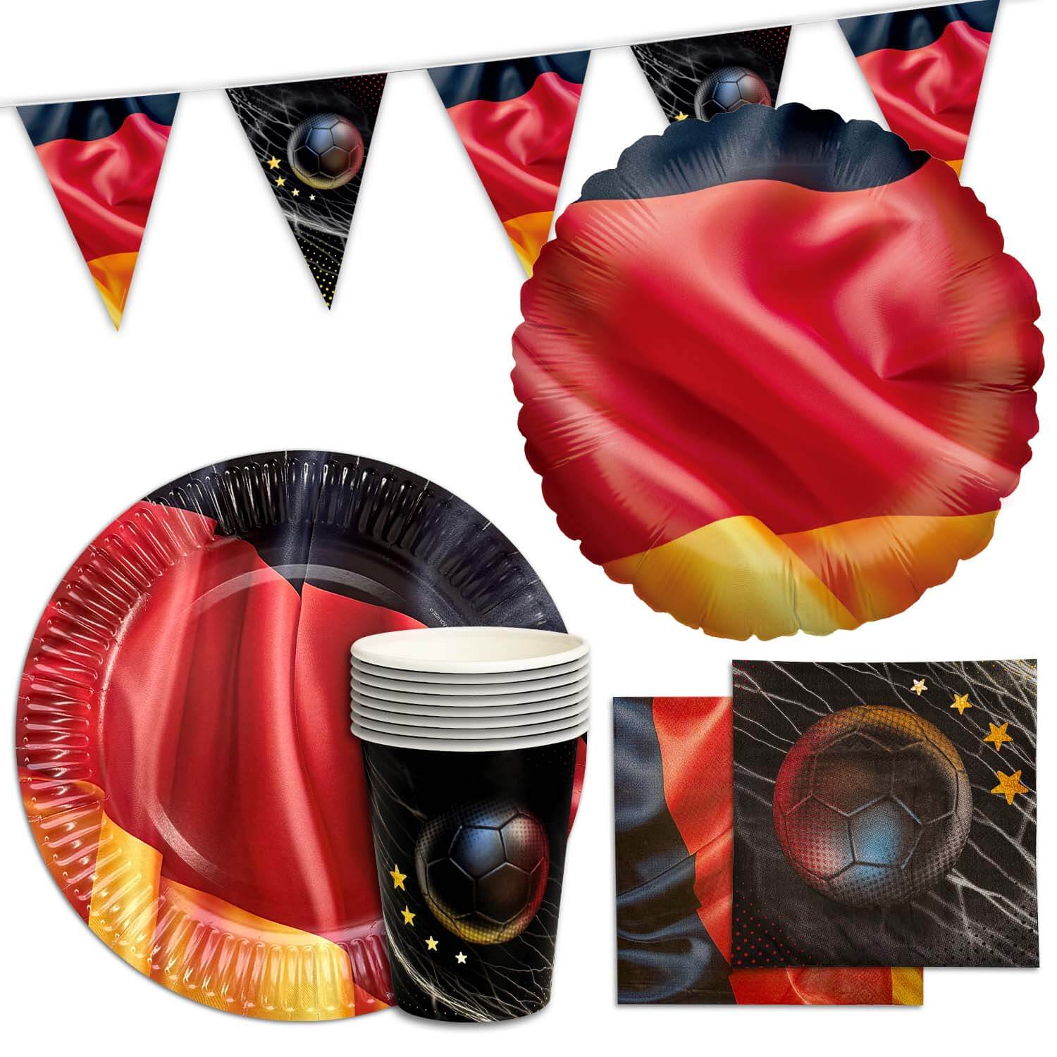 Fußball WM Partyset-2 Deutschland 41-tlg. Teller, Becher, Servietten, Wimpelkette & Folienballons