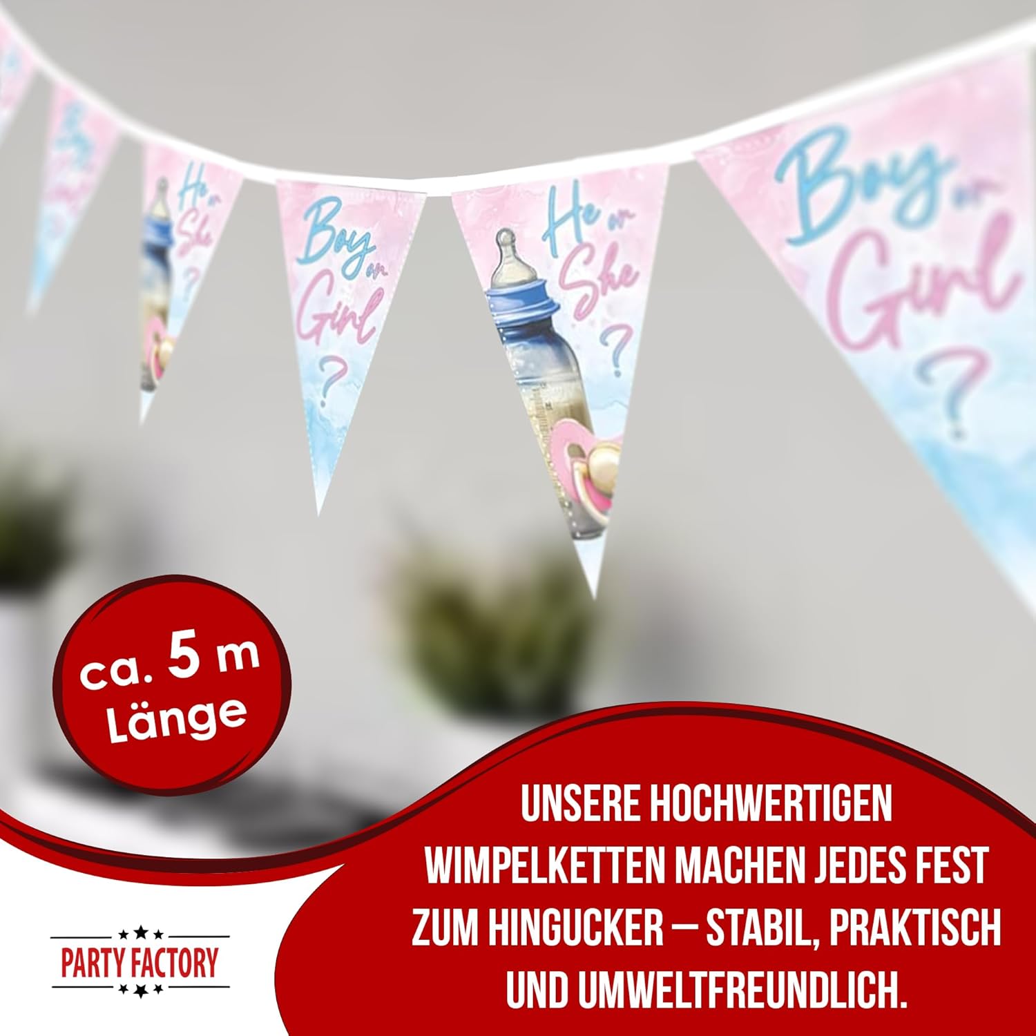 Gender Reveal Wimpelkette Rosa 4–5 m – süße Deko für Babyparty & Reveal 3