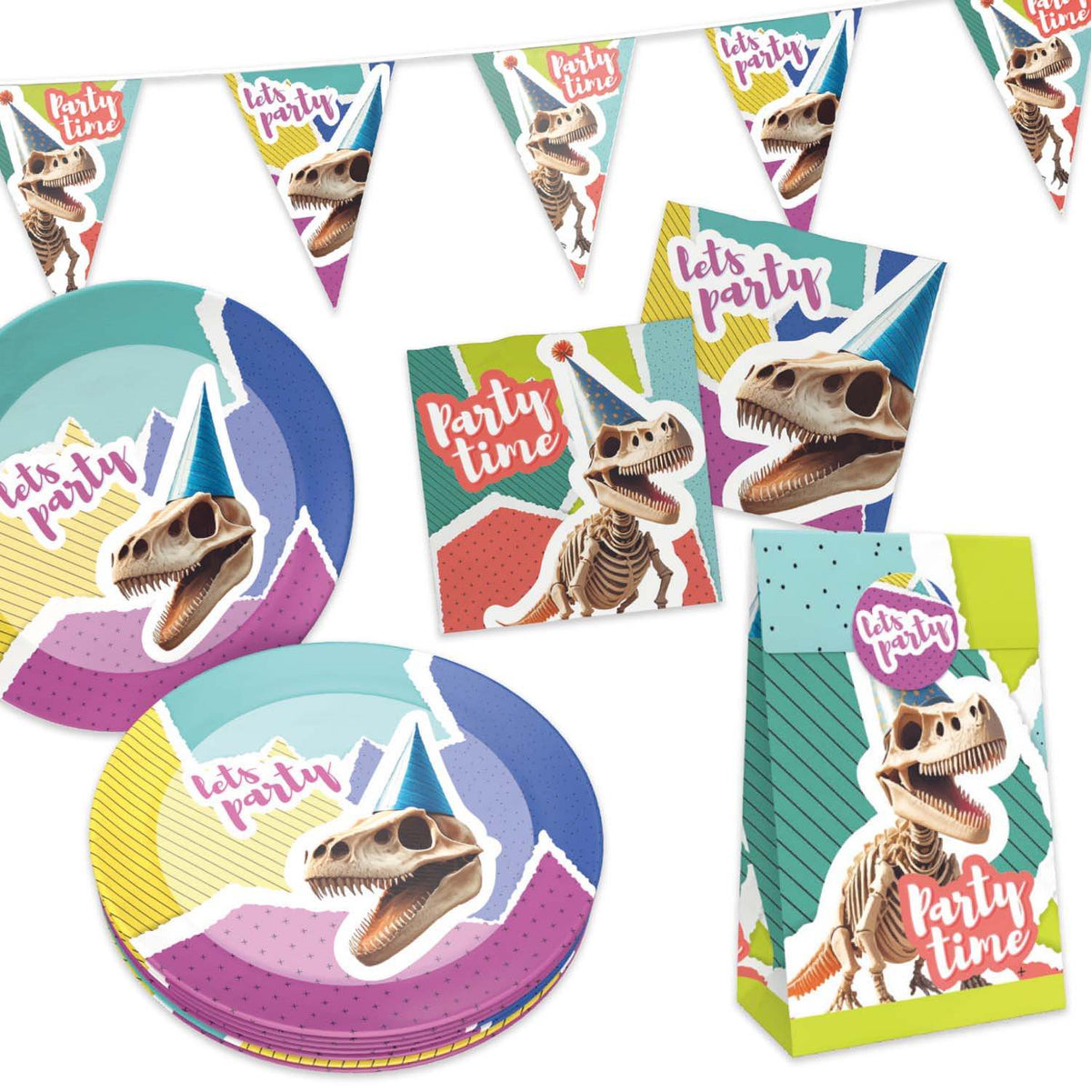 Halloween Dino Skelett 77-teiliges Party-Set mit Tellern Servietten Geschenktüten Wimpelkette