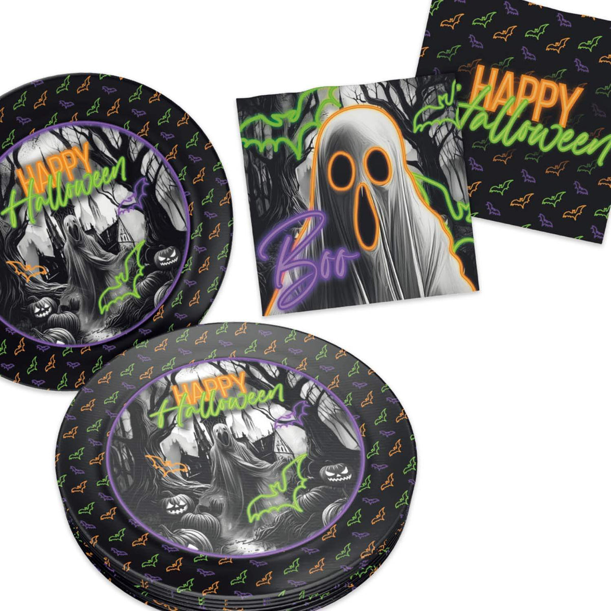 Halloween Neon 36-teiliges Party-Set mit 16 Tellern 20 Servietten