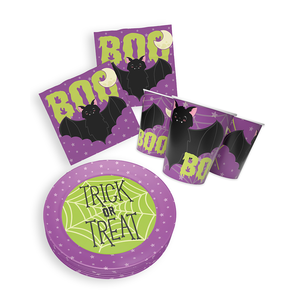 Halloween Skelett Motiv 1 3-teiliges Party-Set mit 16 Papptellern, 16 Pappbechern und 40 Servietten