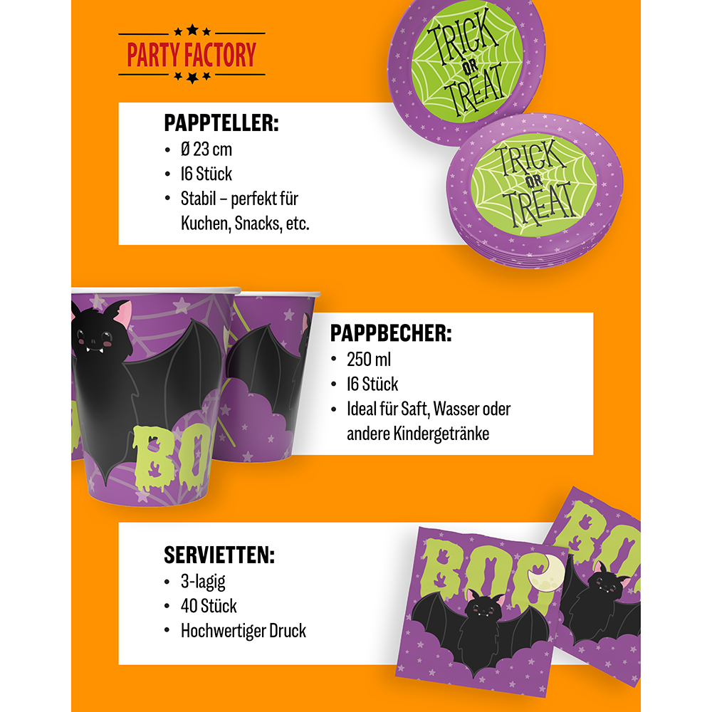 Halloween Skelett Motiv 1 3-teiliges Party-Set mit 16 Papptellern, 16 Pappbechern und 40 Servietten 4