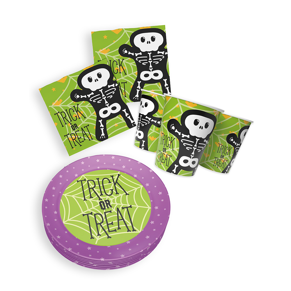 Halloween Skelett Motiv 2 3-teiliges Party-Set mit 16 Papptellern, 16 Pappbechern und 40 Servietten