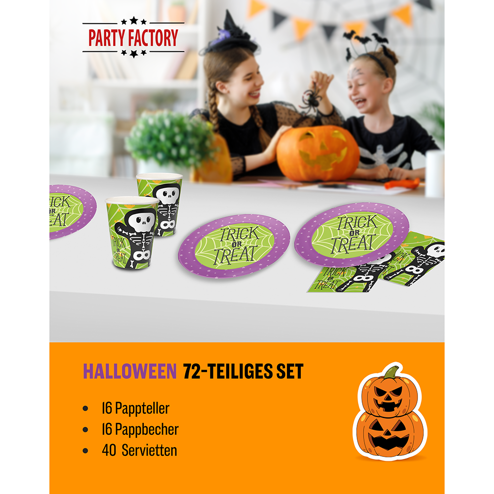 Halloween Skelett Motiv 2 3-teiliges Party-Set mit 16 Papptellern, 16 Pappbechern und 40 Servietten 2