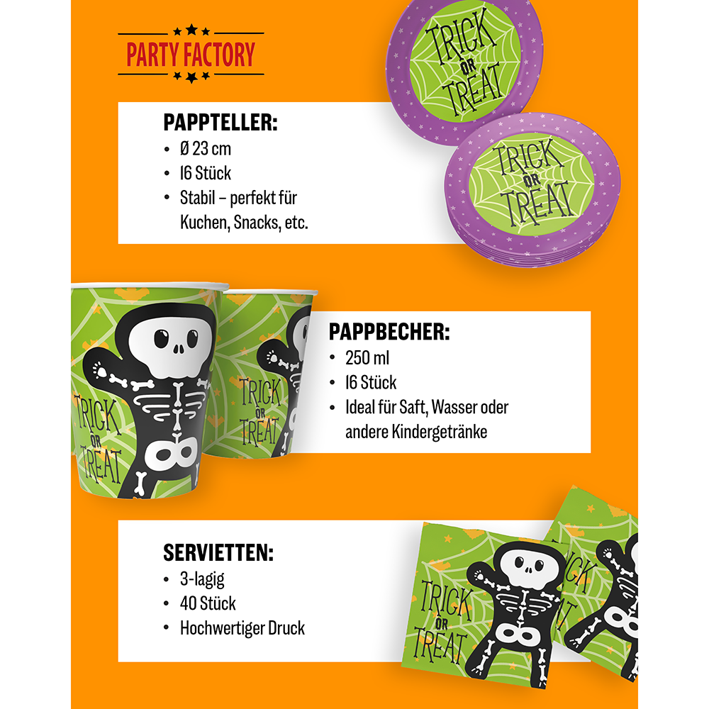 Halloween Skelett Motiv 2 3-teiliges Party-Set mit 16 Papptellern, 16 Pappbechern und 40 Servietten 4